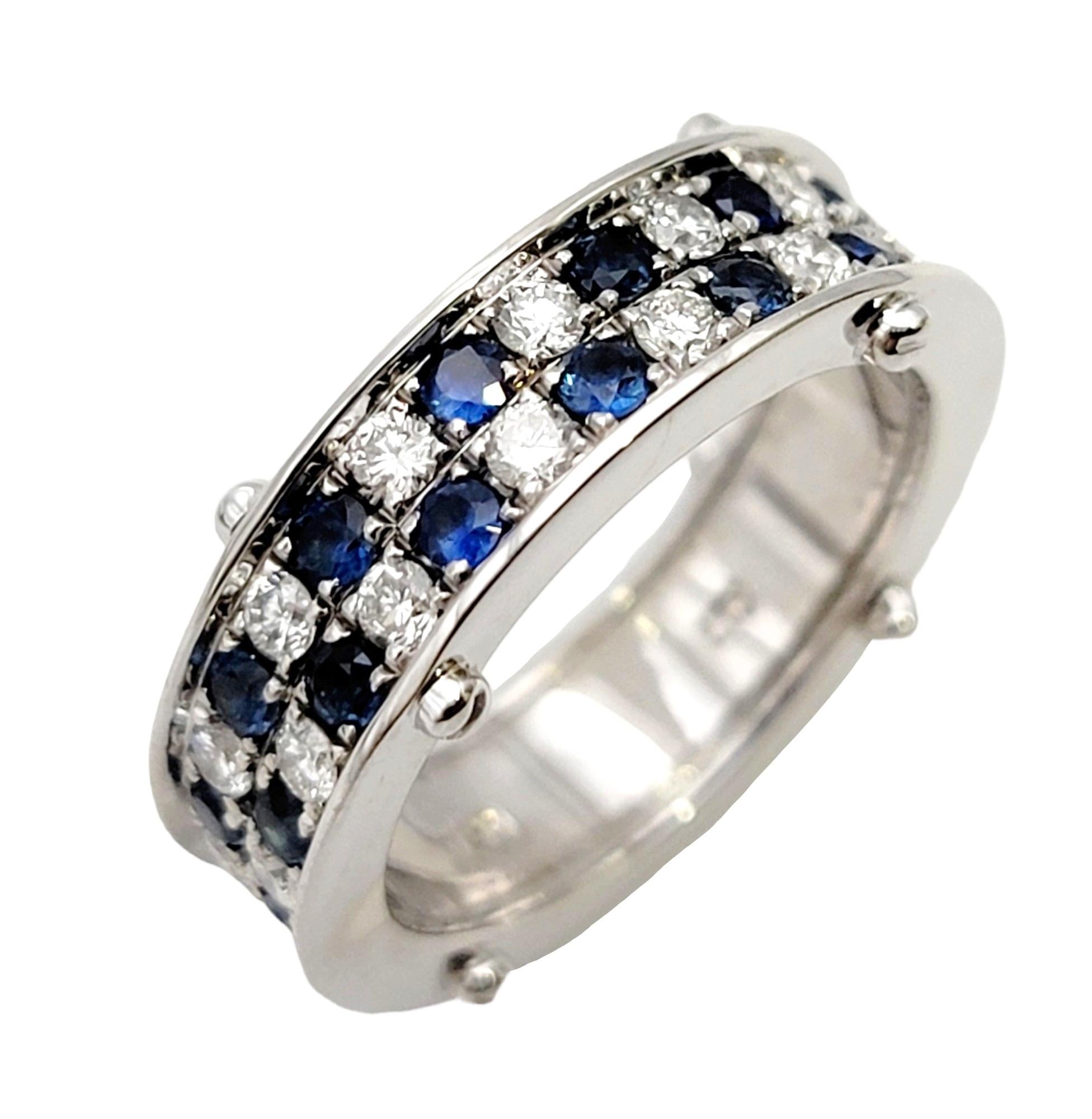 Contemporary Sapphire and Diamond Multi Row Checkerboard Band Ring in 18 Karat White Gold For Sale