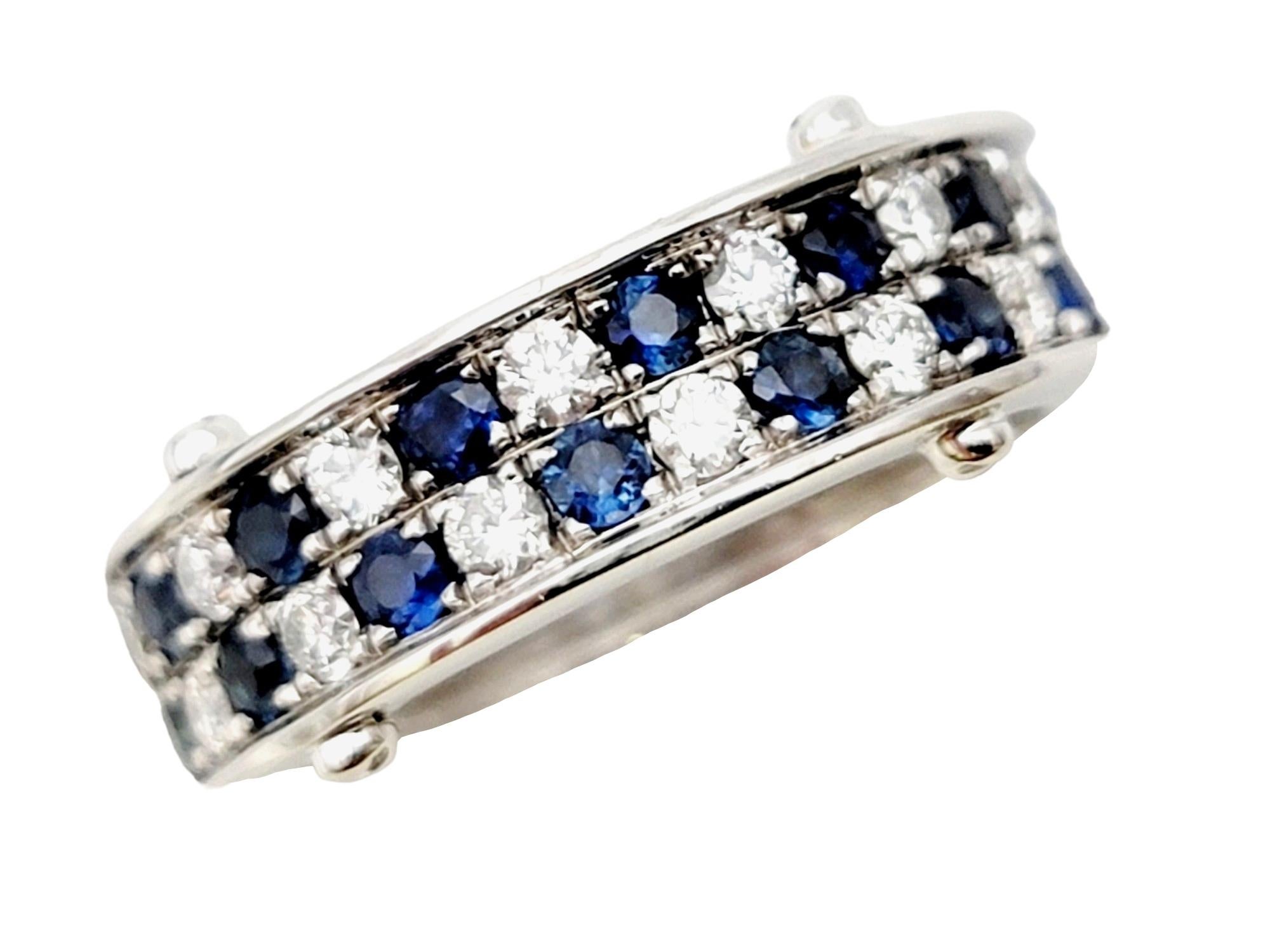 Round Cut Sapphire and Diamond Multi Row Checkerboard Band Ring in 18 Karat White Gold For Sale