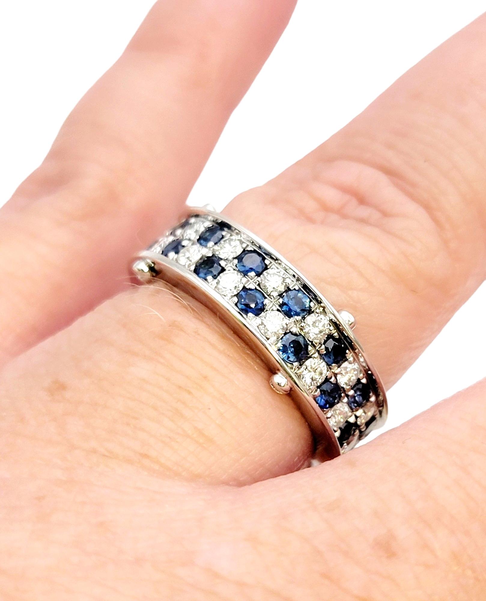 Sapphire and Diamond Multi Row Checkerboard Band Ring in 18 Karat White Gold For Sale 3