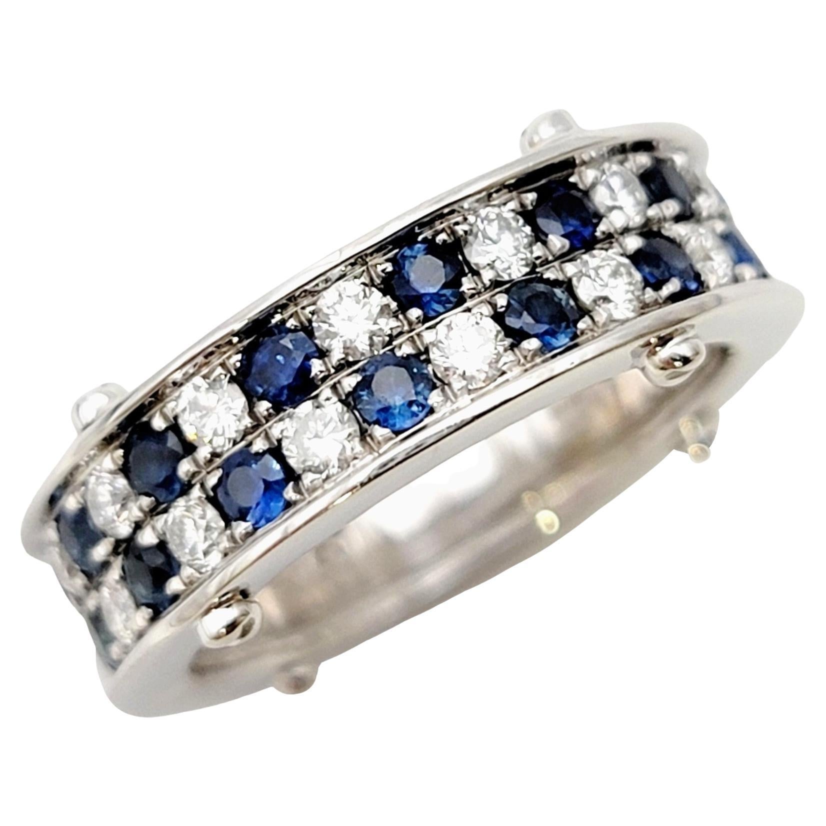 Sapphire and Diamond Multi Row Checkerboard Band Ring in 18 Karat White Gold