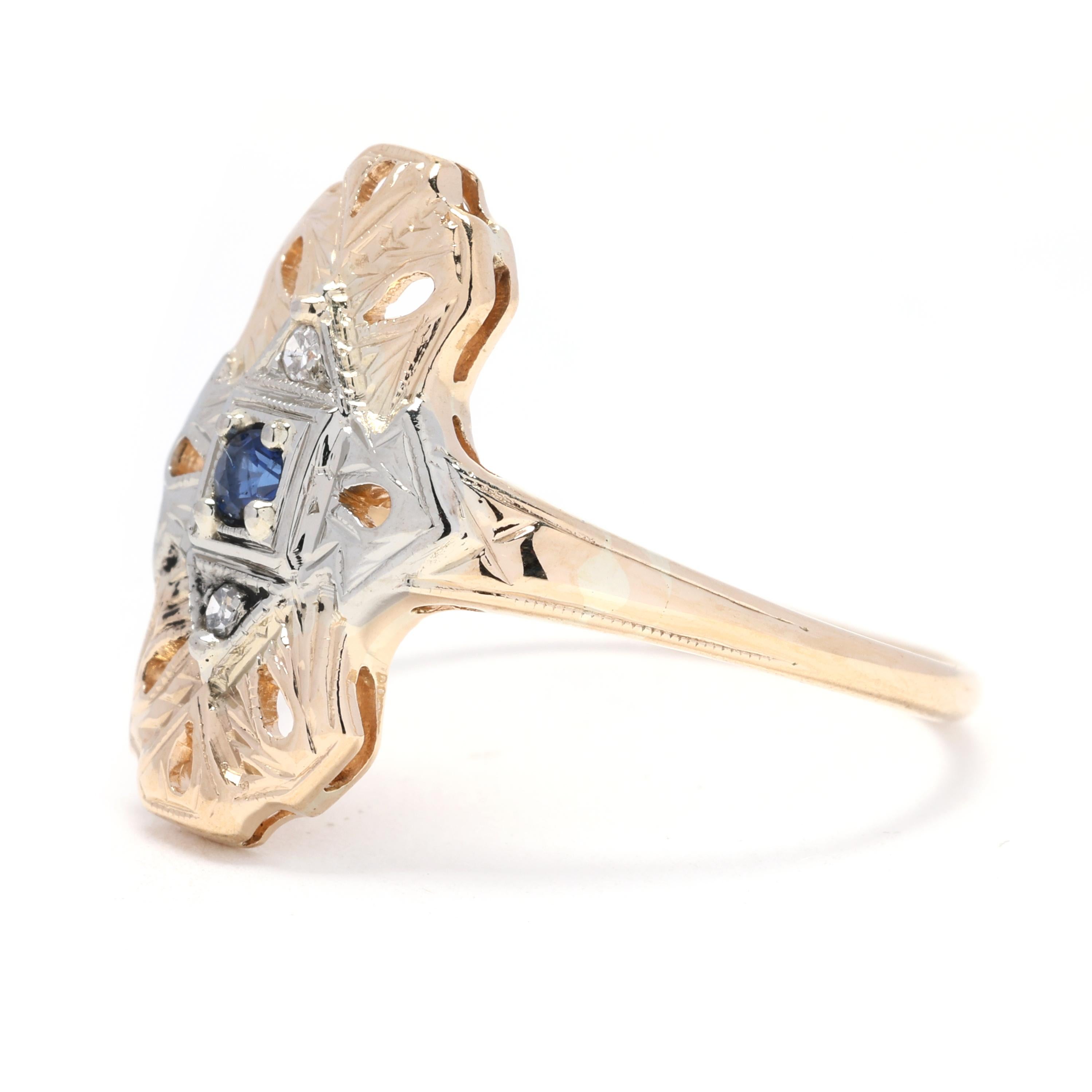 Sapphire and Diamond Navette Statement Ring, 14k Yellow Gold, Ring Size 7.5 In Good Condition For Sale In McLeansville, NC