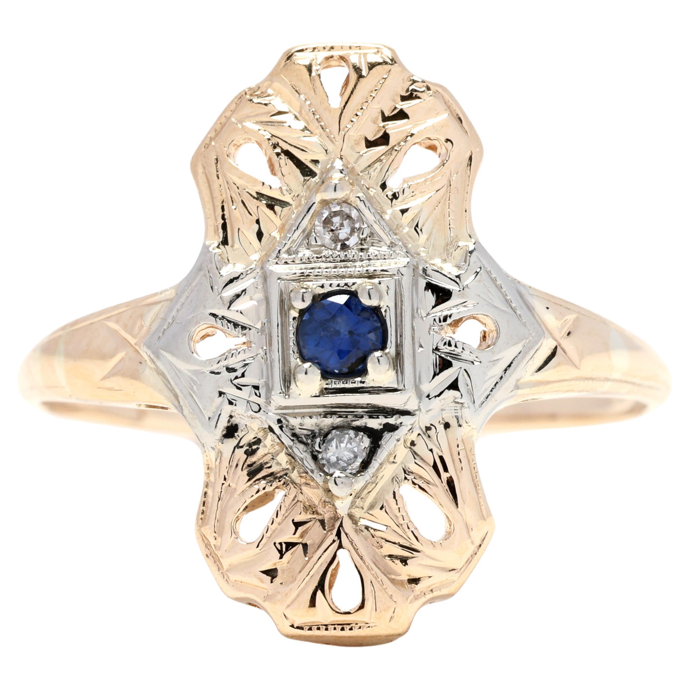 Sapphire and Diamond Navette Statement Ring, 14k Yellow Gold, Ring Size 7.5 For Sale