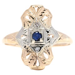 Sapphire and Diamond Navette Statement Ring, 14k Yellow Gold, Ring Size 7.5