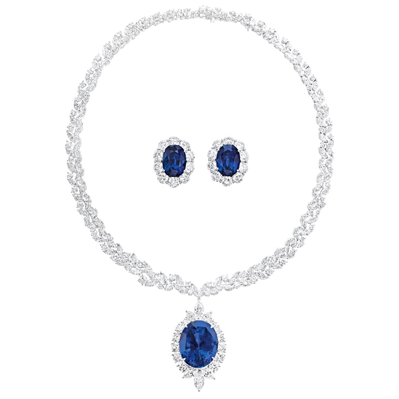 Ceylon Sapphire and Diamond Necklace and Earrings For Sale
