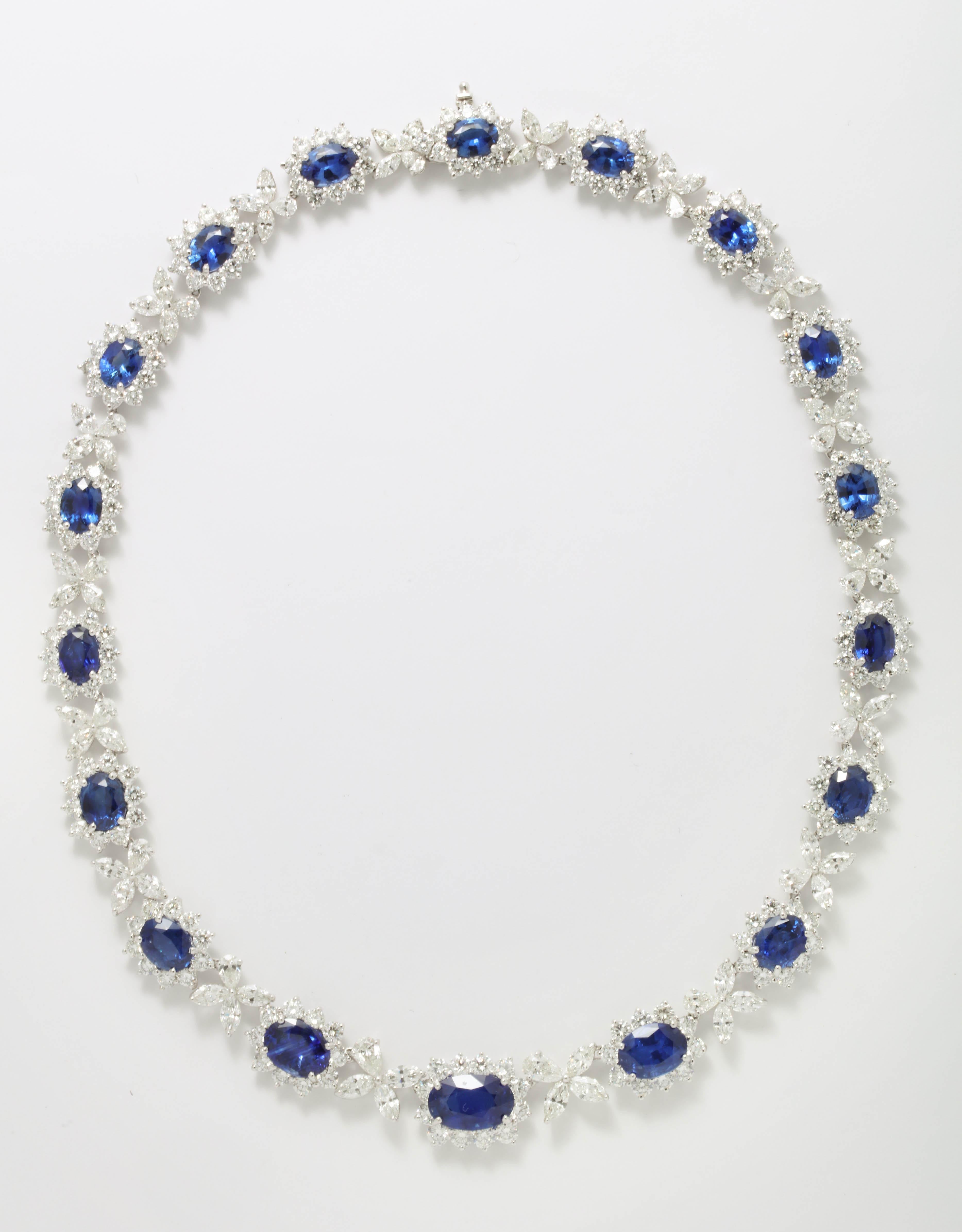 
An exquisite piece! 

43.11 carats of fine blue sapphires

37.86 carats of white round, pear and marquise cut diamonds 

Set in platinum 

This design and quality can only be found in the worlds top jewelry houses. 

16 inch length, but can be