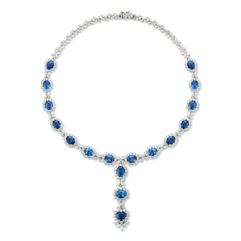 SAPPHIRE AND DIAMOND NECKLACE An exquisite necklace consists of gorgeous Ceylon Sapphires and polished diamonds which take this decorative necklace to a whole 'nother level of lavish Item: # 03014 Metal: 18k W Lab: Gia Color Weight: 33.89 ct.