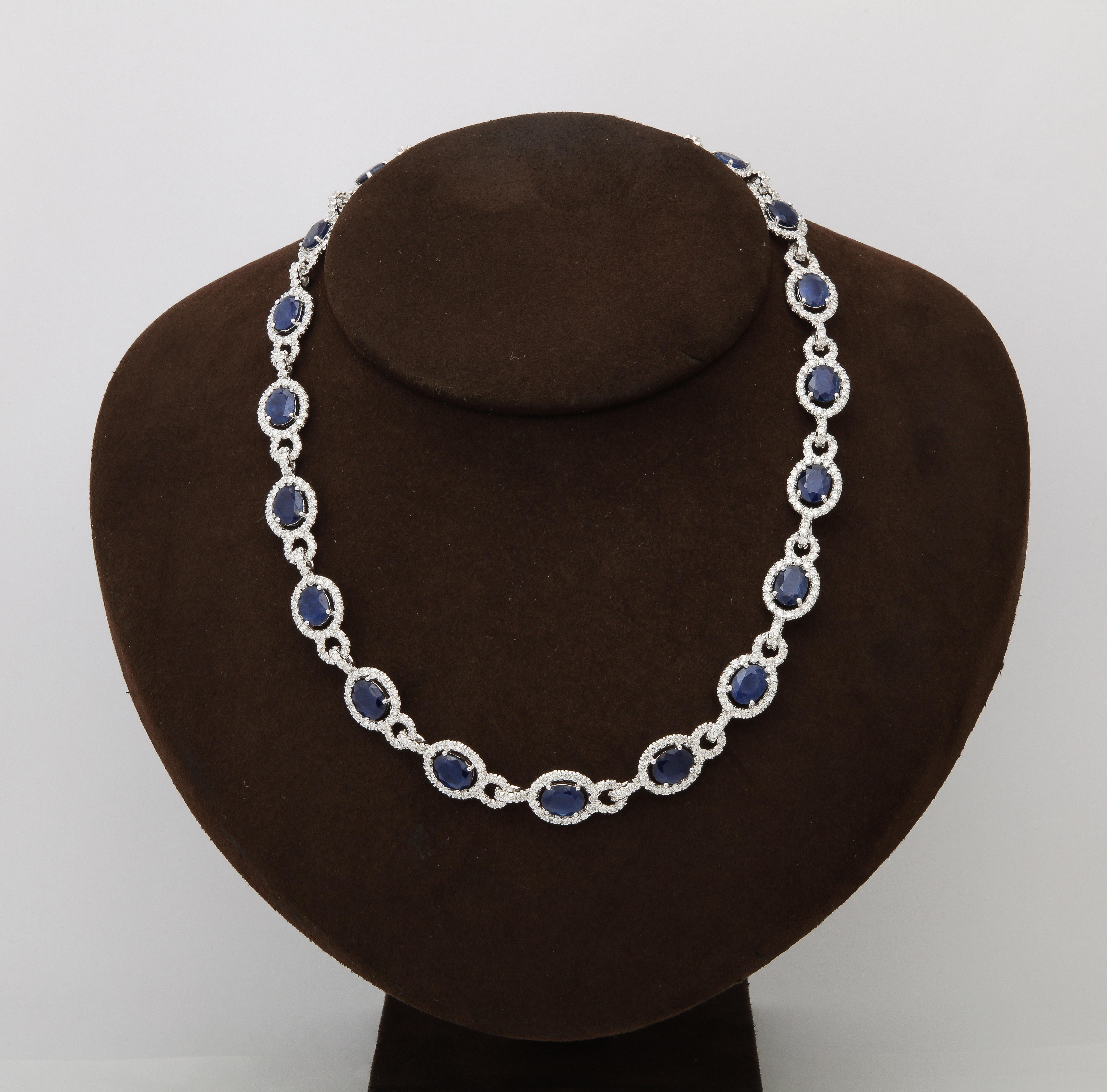 
A timeless design! 

39.60 carats of Oval cut Blue Sapphire. 

11.30 carats of white round brilliant cut diamonds. 

18k white gold. 

16.5 inch length 