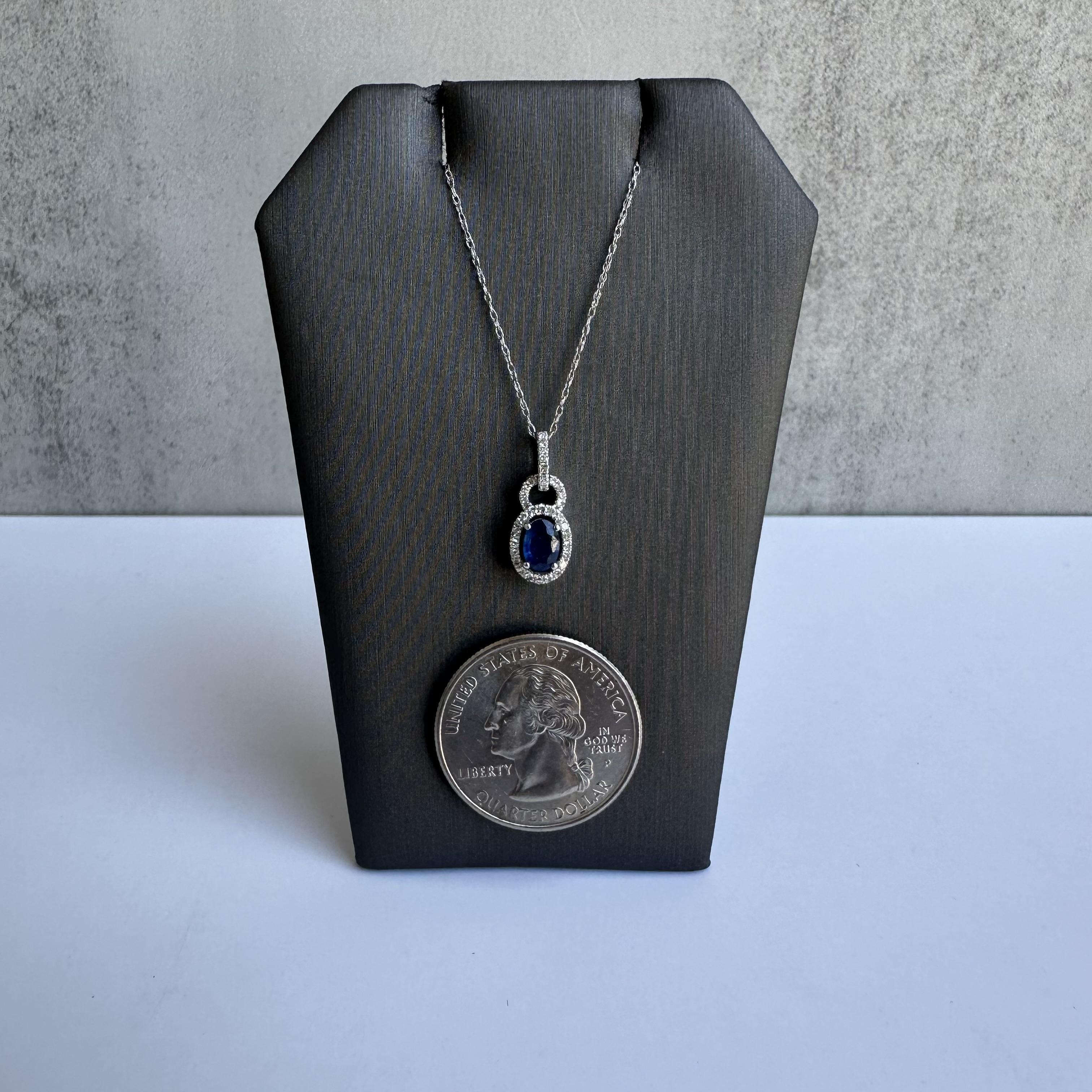 Oval Cut Sapphire and Diamond Necklace in 10kt White Gold - 0.14ctw Diamonds, 6x4mm Saph. For Sale
