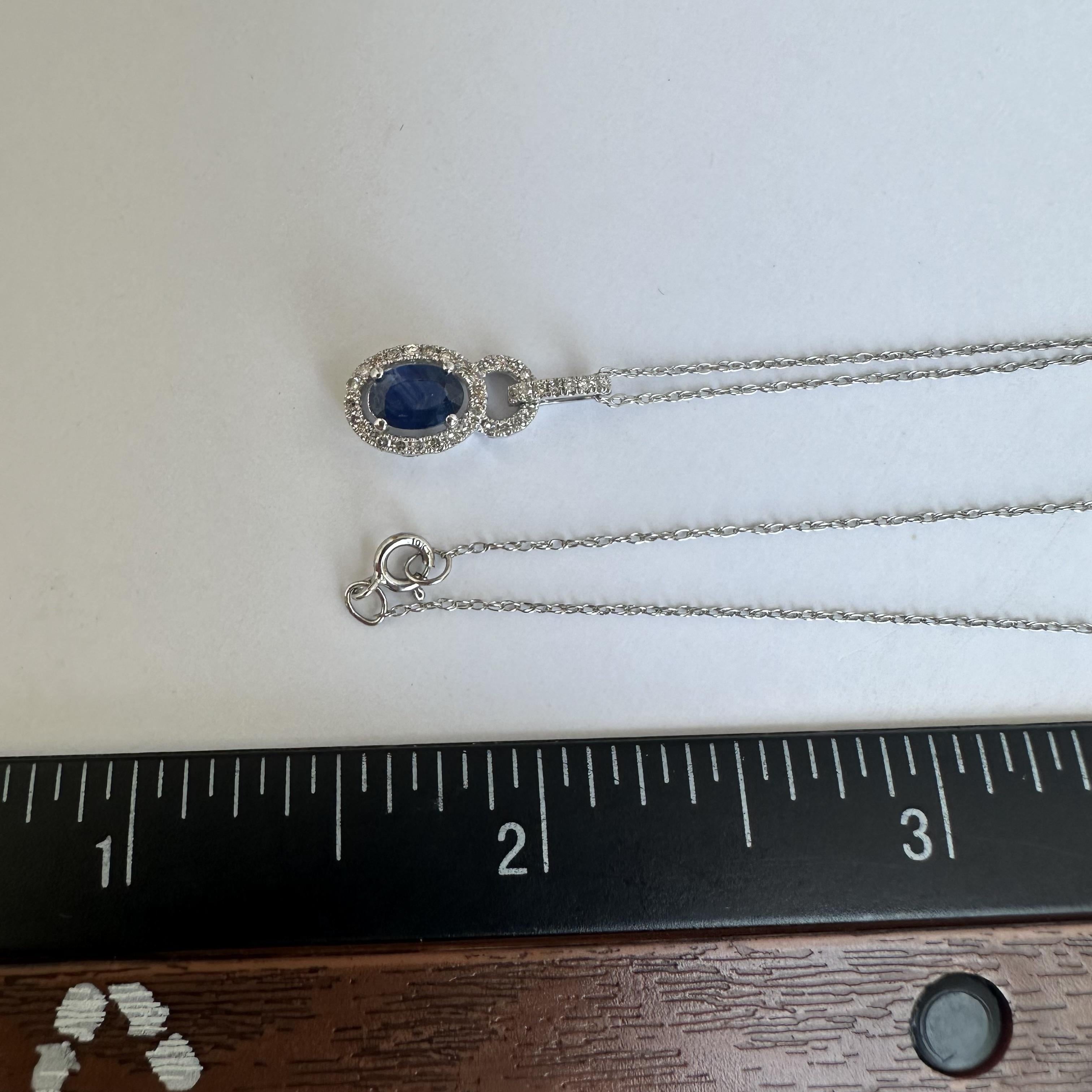 Sapphire and Diamond Necklace in 10kt White Gold - 0.14ctw Diamonds, 6x4mm Saph. In New Condition For Sale In West Hempstead, NY