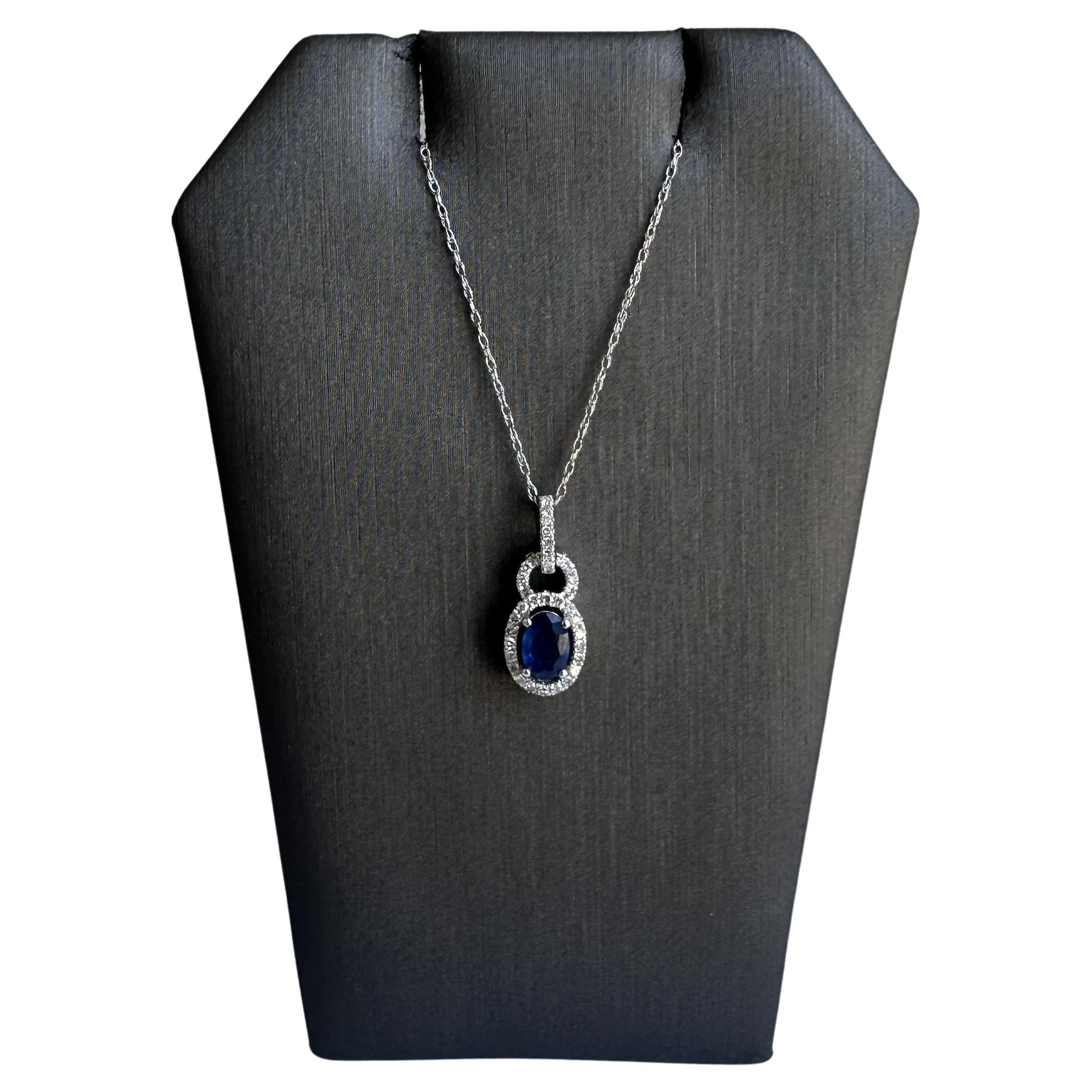 Sapphire and Diamond Necklace in 10kt White Gold - 0.14ctw Diamonds, 6x4mm Saph. For Sale