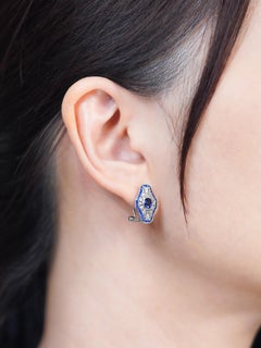 Sapphire and Diamond Omega Earrings Art Deco Style Filigree 14K White Gold