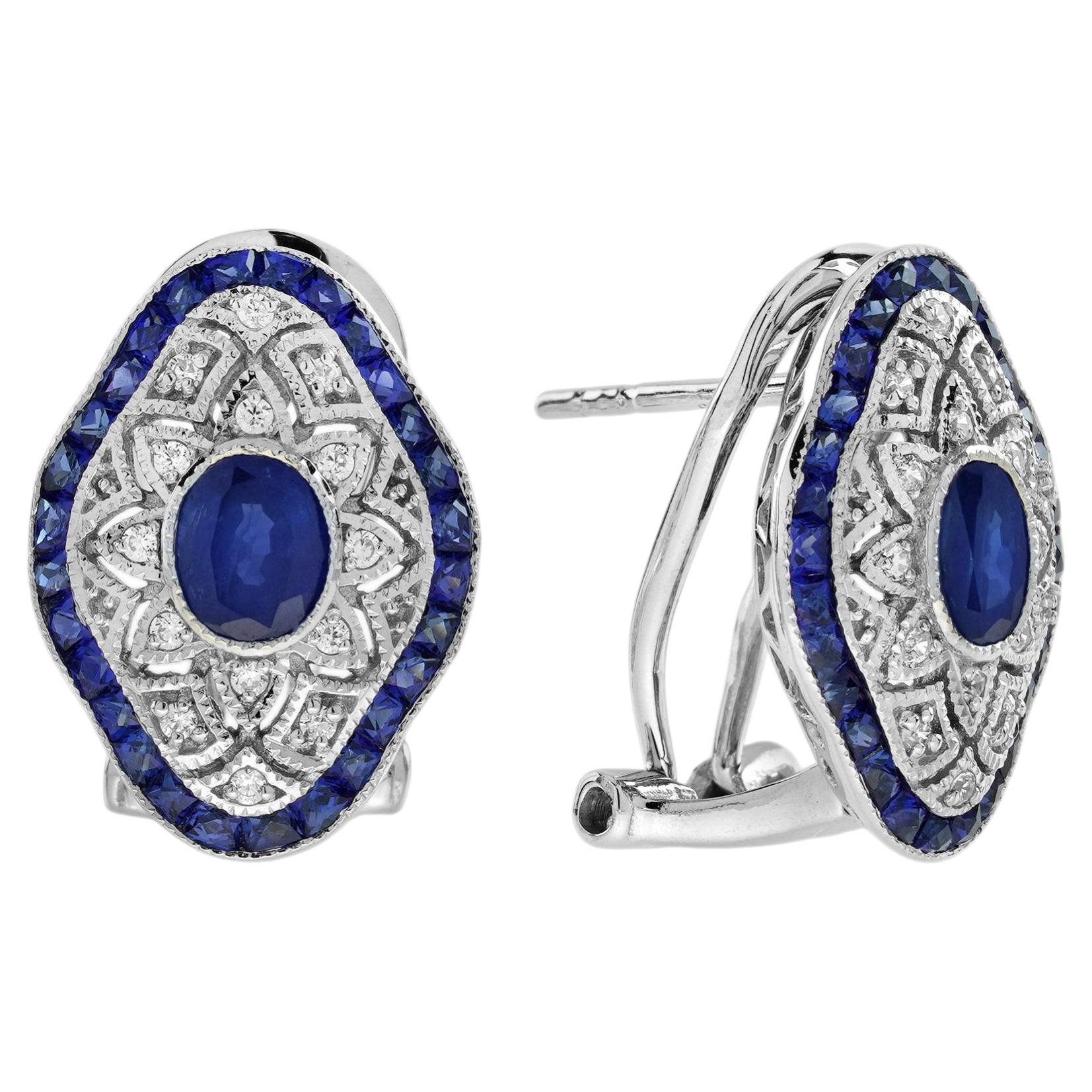 Sapphire and Diamond Omega Earrings Art Deco Style Filigree 14K White Gold