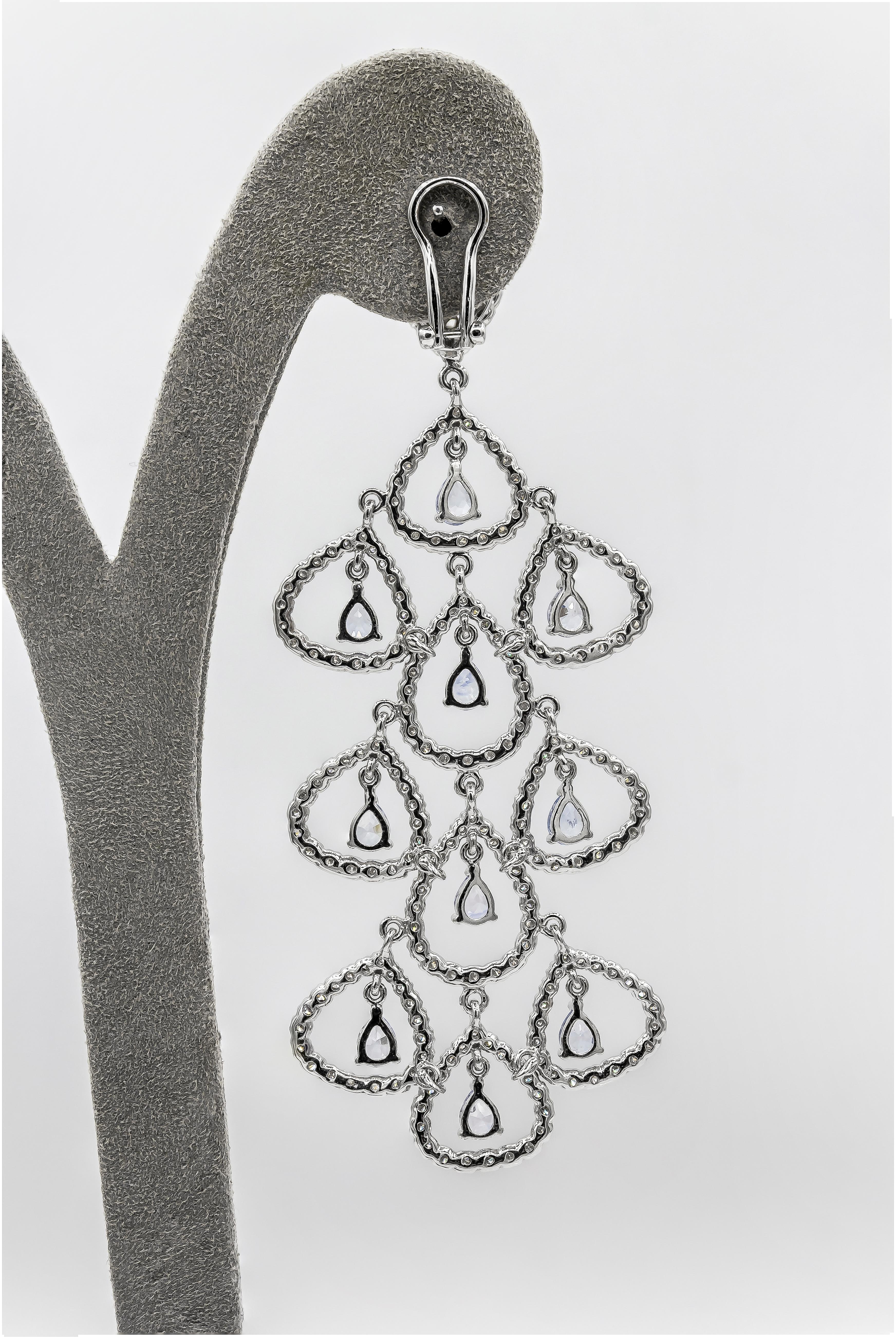 Contemporary 11.38 Carats Total Pear Shape Blue Sapphire & Round Diamonds Chandelier Earrings For Sale