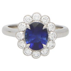 Sapphire and Diamond Oval Floral Cluster Ring Set in Platinum