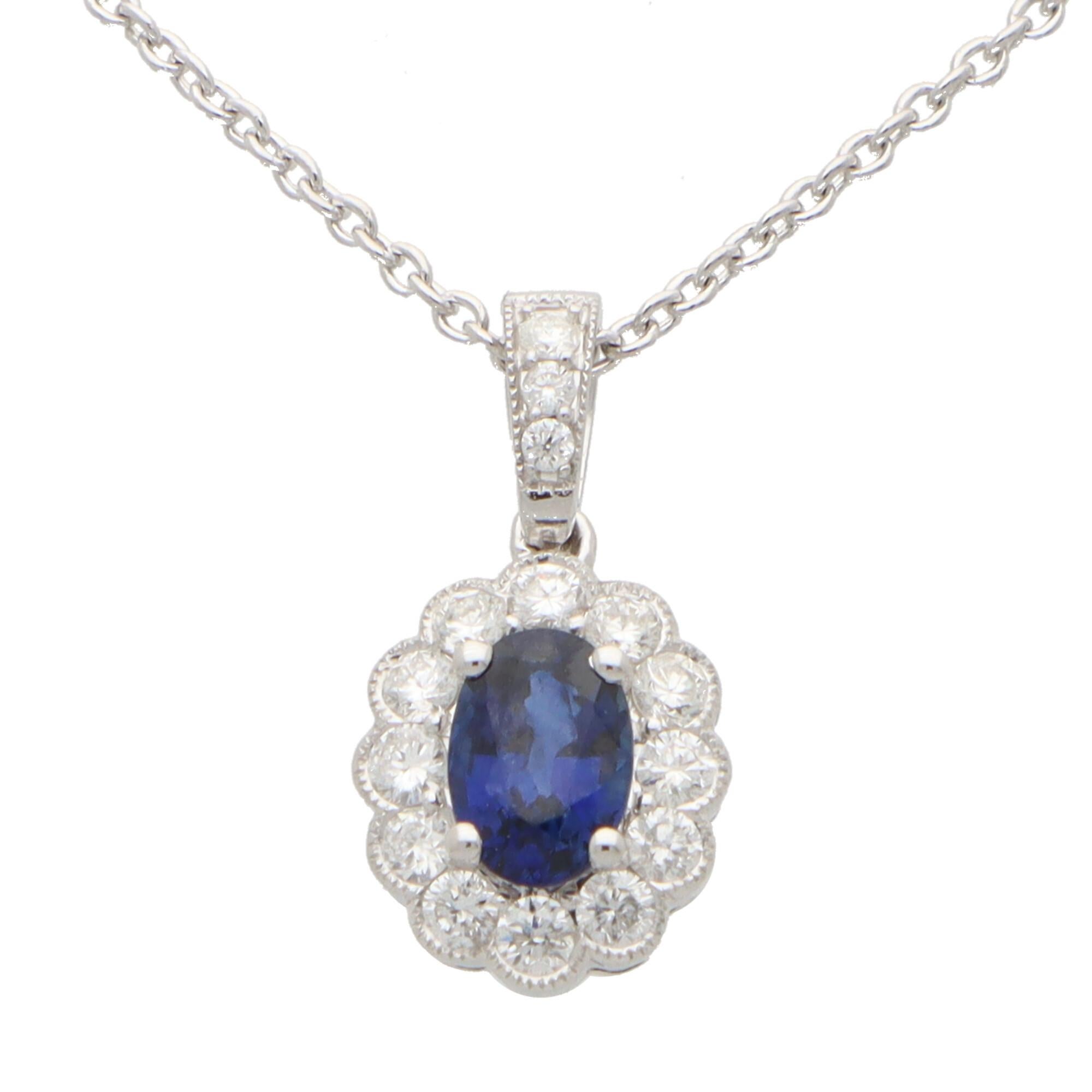 Contemporary Sapphire and Diamond Oval Pendant Set in 18k White Gold