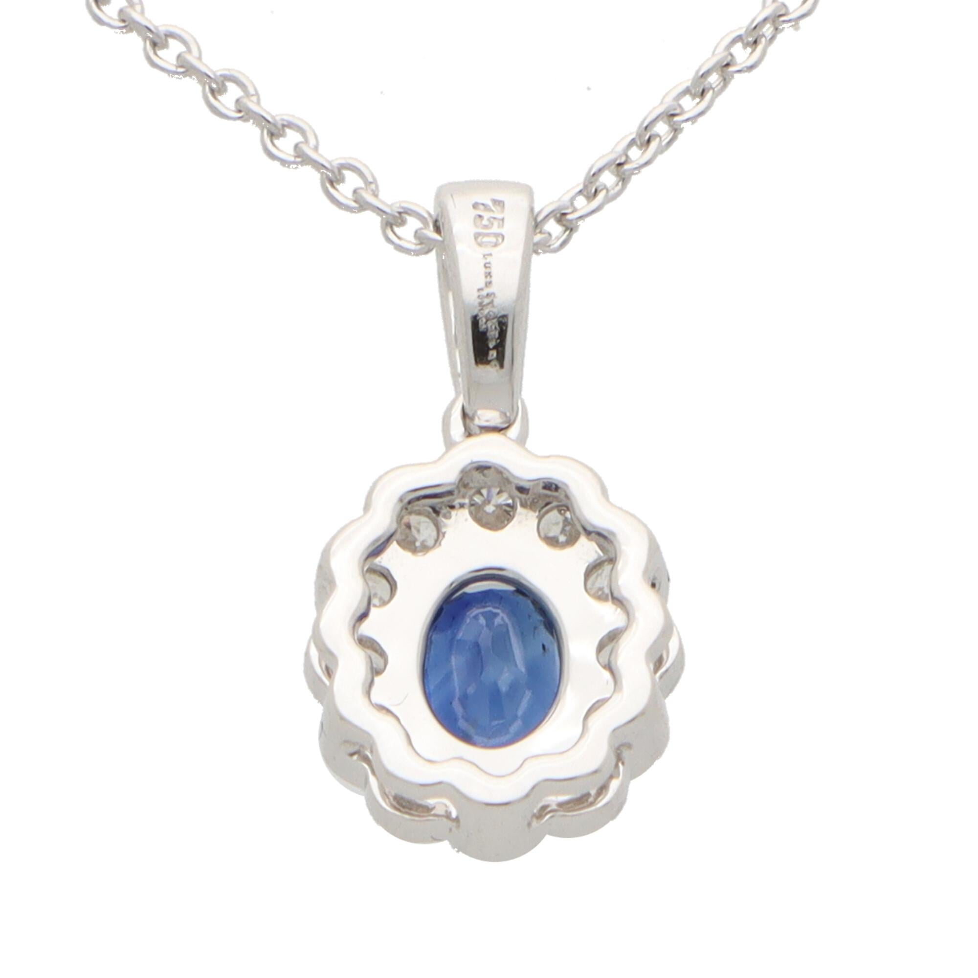 Sapphire and Diamond Oval Pendant Set in 18k White Gold In Good Condition In London, GB