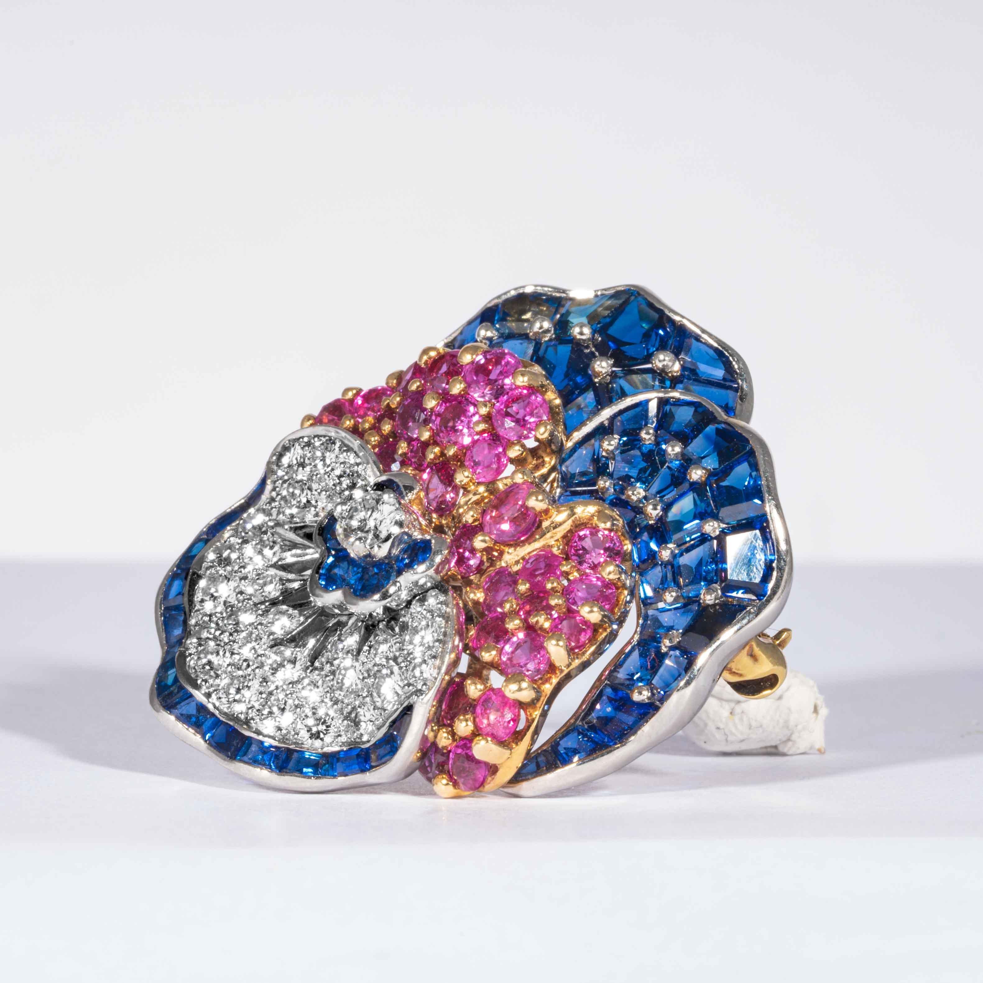 Brilliant Cut Sapphire and Diamond Pansy Pin, Signed Tiffany & Co. by Oscar Heyman Brothers For Sale