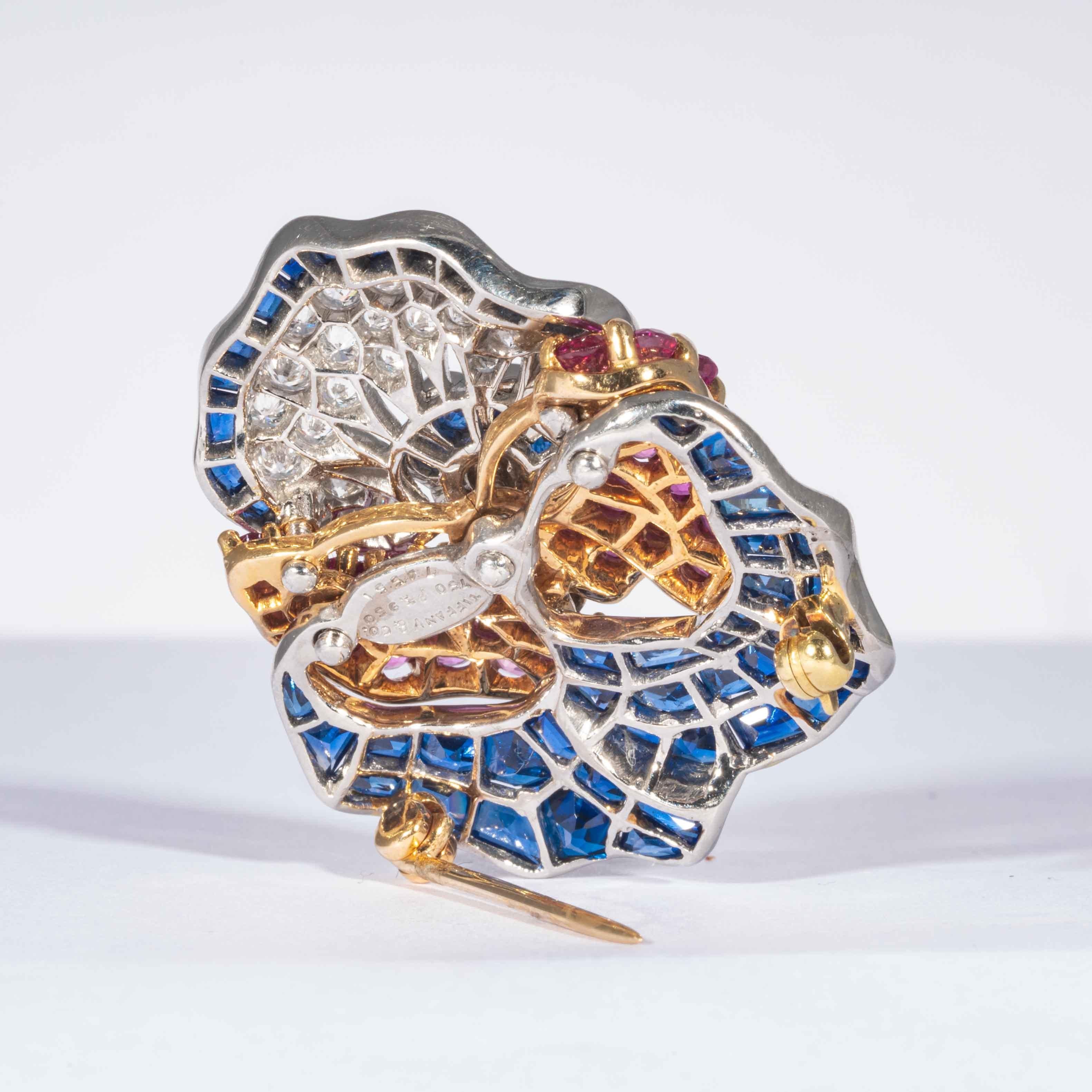 Sapphire and Diamond Pansy Pin, Signed Tiffany & Co. by Oscar Heyman Brothers In Excellent Condition For Sale In Boston, MA