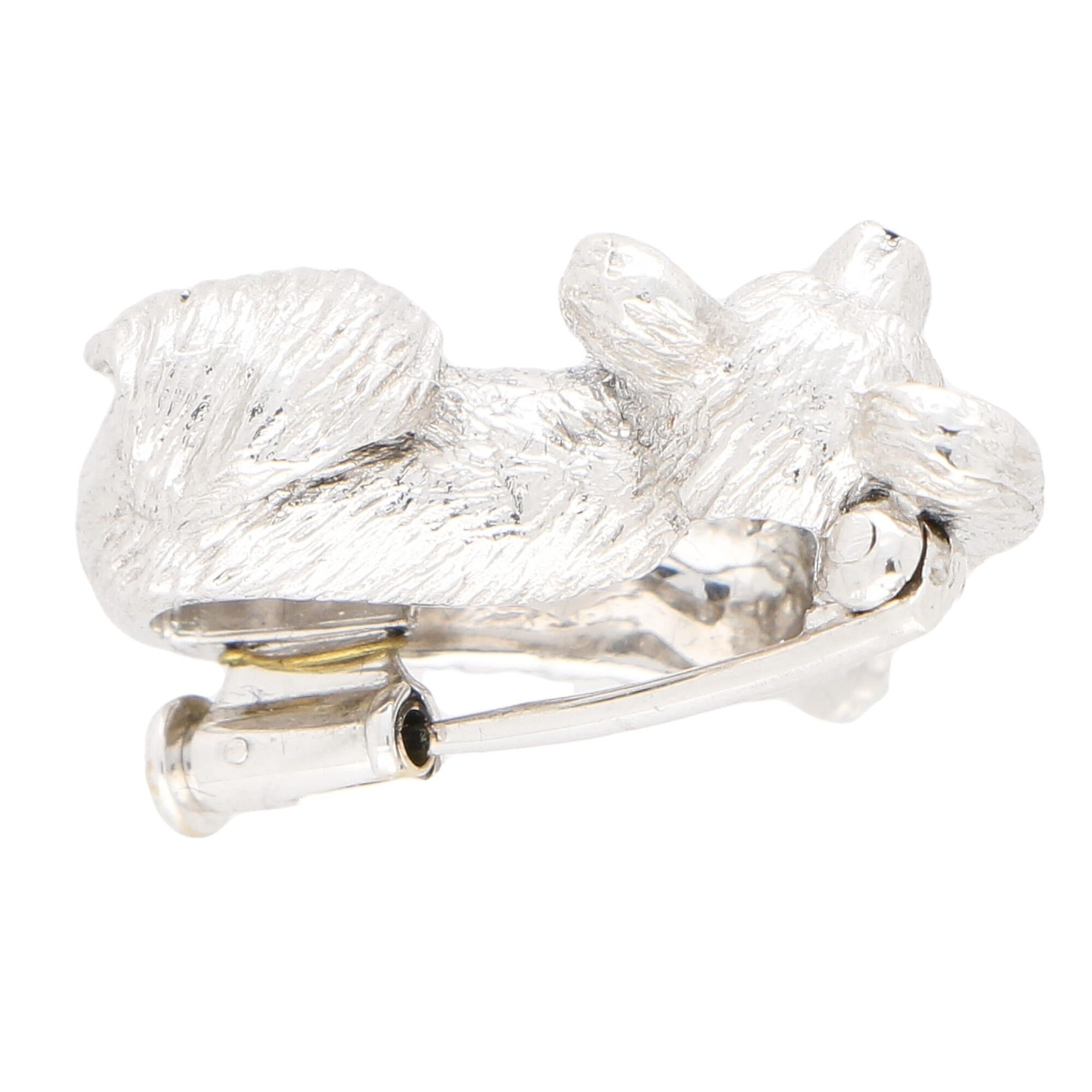 Round Cut Sapphire and Diamond Papillon Dog Pin Brooch Set in 18 Karat White Gold