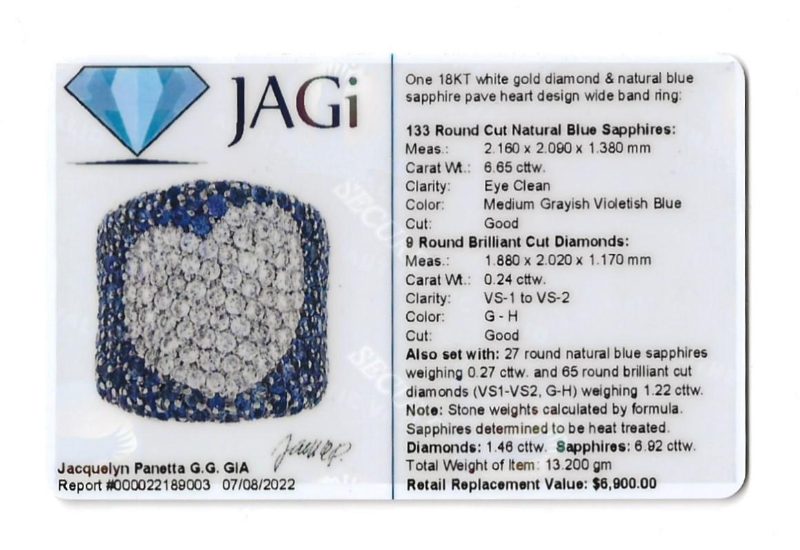 Breiter Bandring aus Weißgold mit Saphiren und Diamanten in Pavé-Herz-Design 7