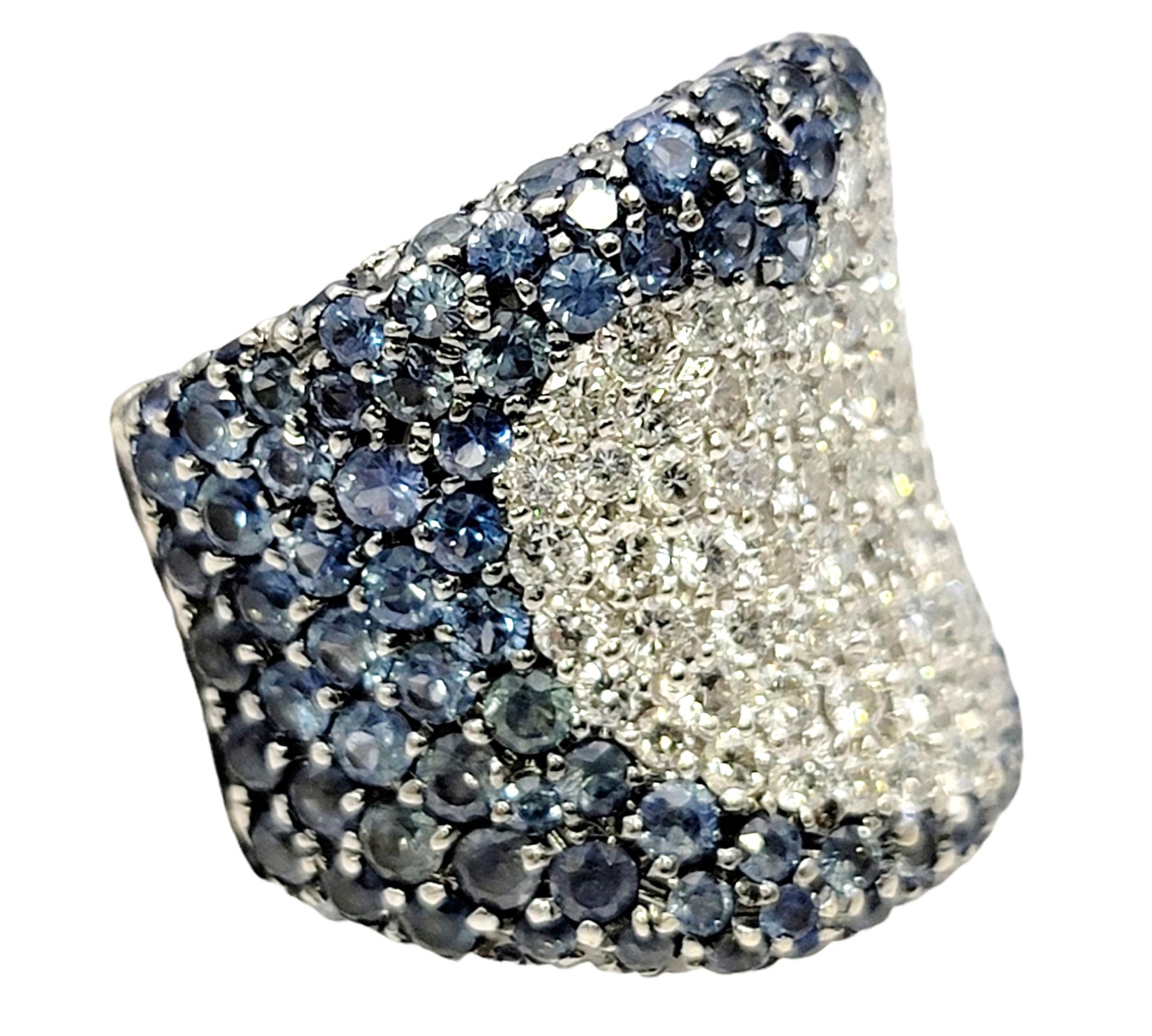 Contemporary Sapphire and Diamond Pave Heart Design Contoured Wide Band Ring in White Gold