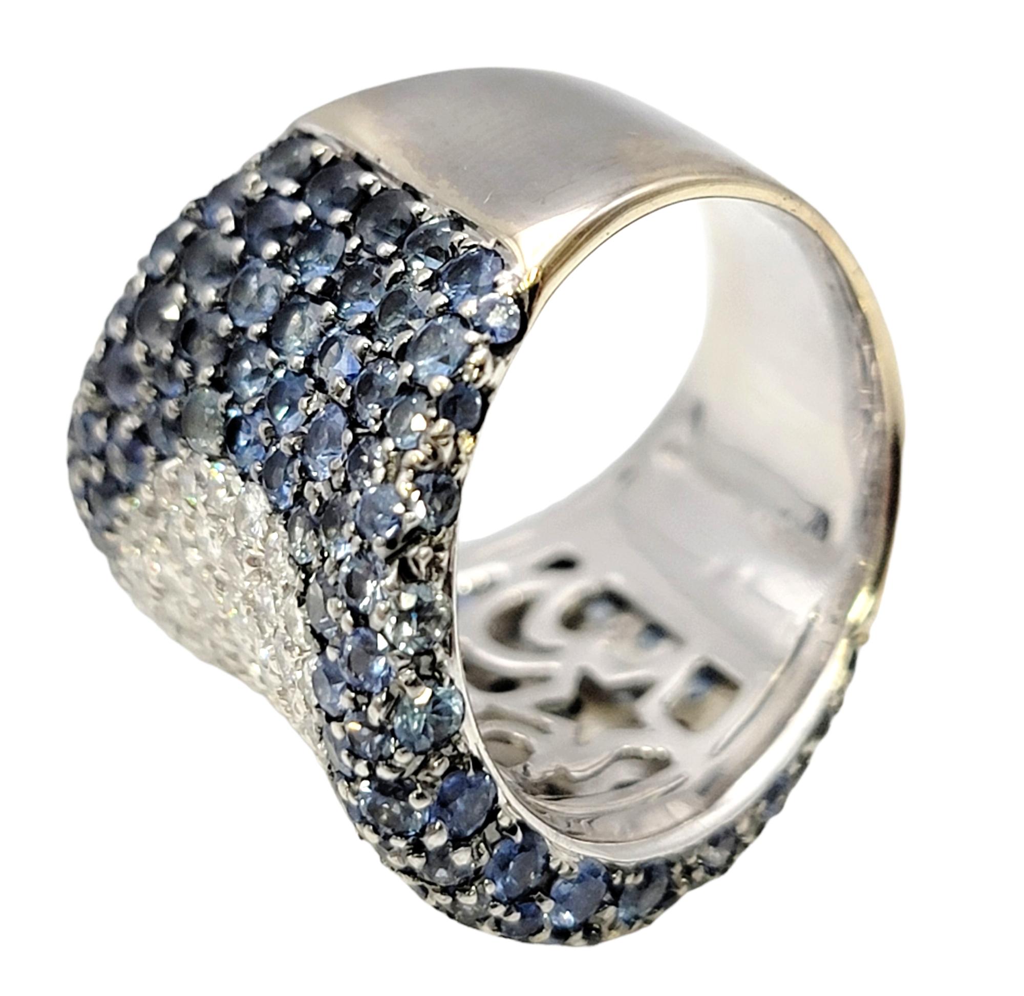 Sapphire and Diamond Pave Heart Design Contoured Wide Band Ring in White Gold In Good Condition In Scottsdale, AZ