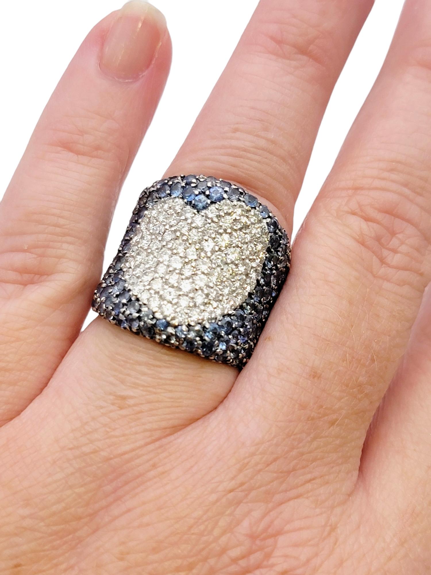 Sapphire and Diamond Pave Heart Design Contoured Wide Band Ring in White Gold 3