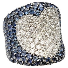 Sapphire and Diamond Pave Heart Design Contoured Wide Band Ring in White Gold