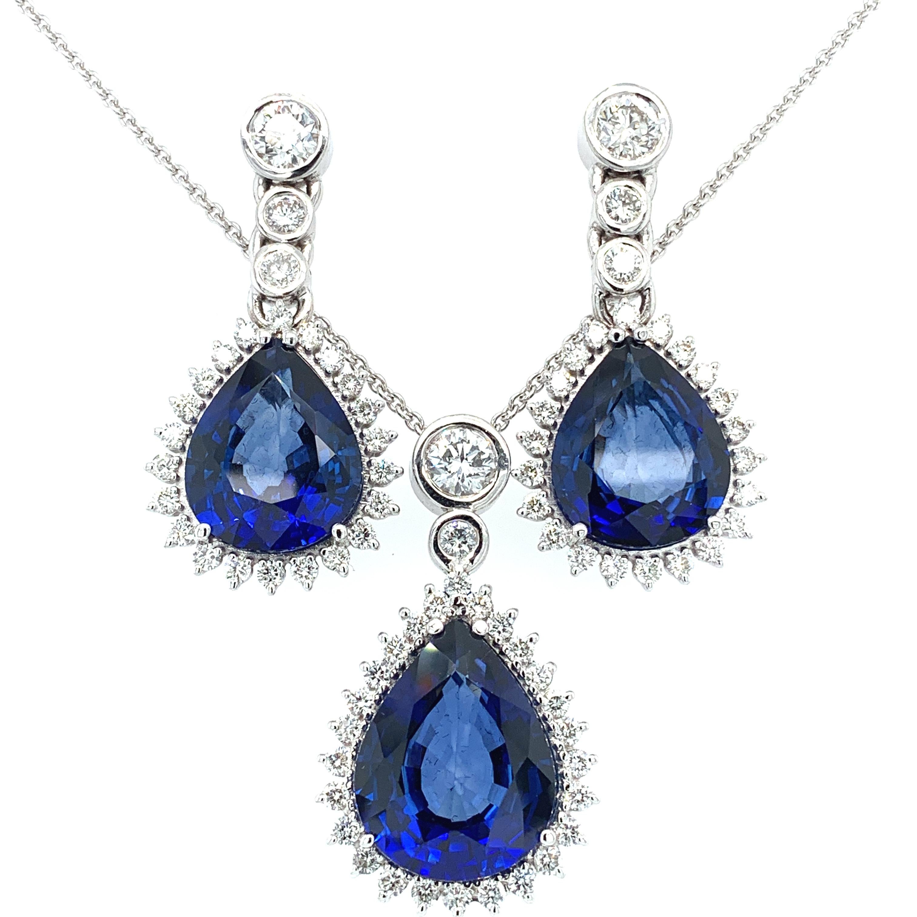 Saphir und Diamant Birnenschliff Art Deco Tropfen Halskette und Ohrringe Set 18k Gold im Angebot 1