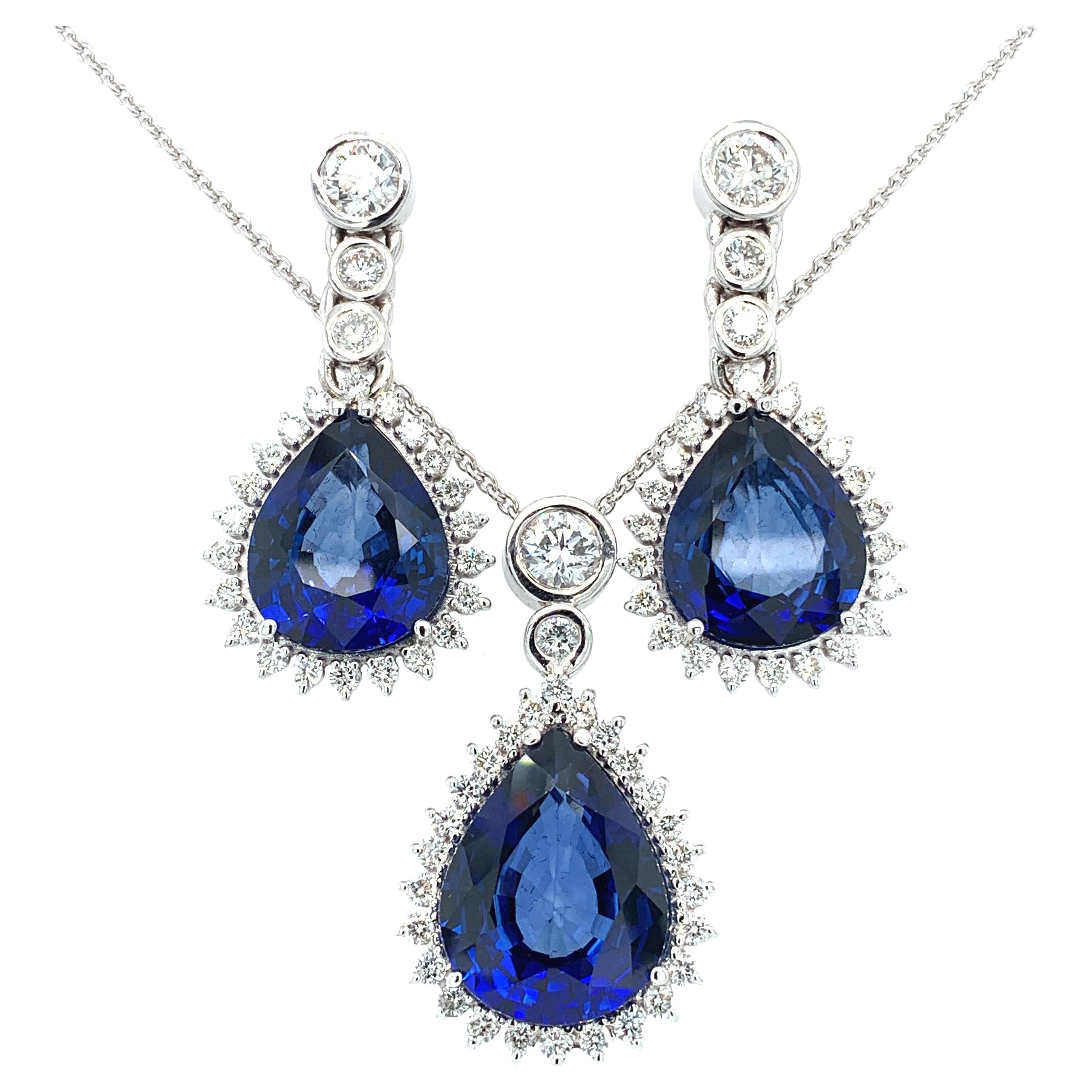 Sapphire and diamond pear cut art deco drop necklace and earrings set 18k gold For Sale