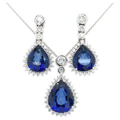 Sapphire and diamond pear cut art deco drop necklace and earrings set 18k gold