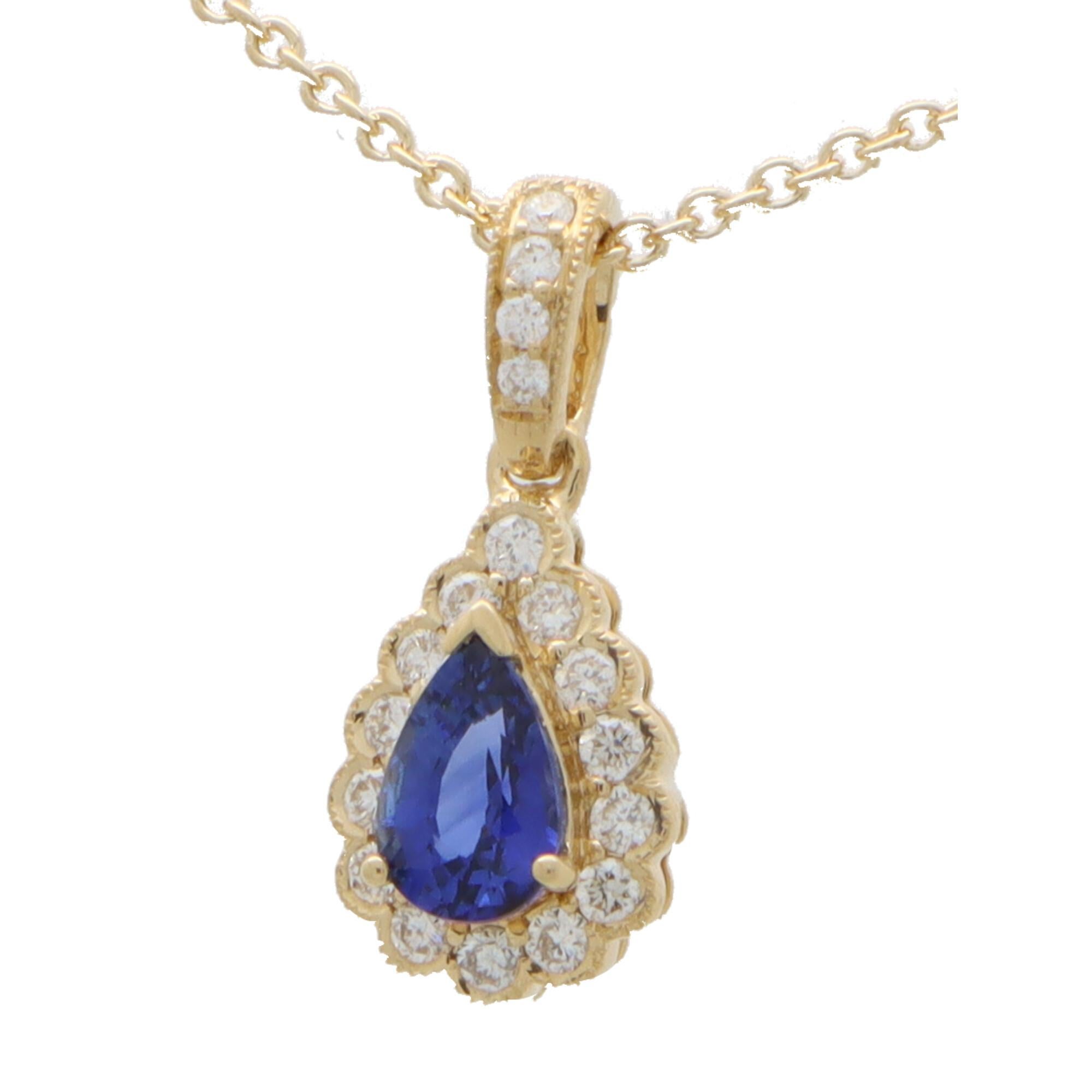  A beautiful little sapphire and diamond cluster pendant set in 18k yellow gold.


The pendant is centrally set with a beautiful coloured blue pear cut sapphire which is surrounded by 14 sparkly round brilliant cut diamonds. The pendant hangs from a