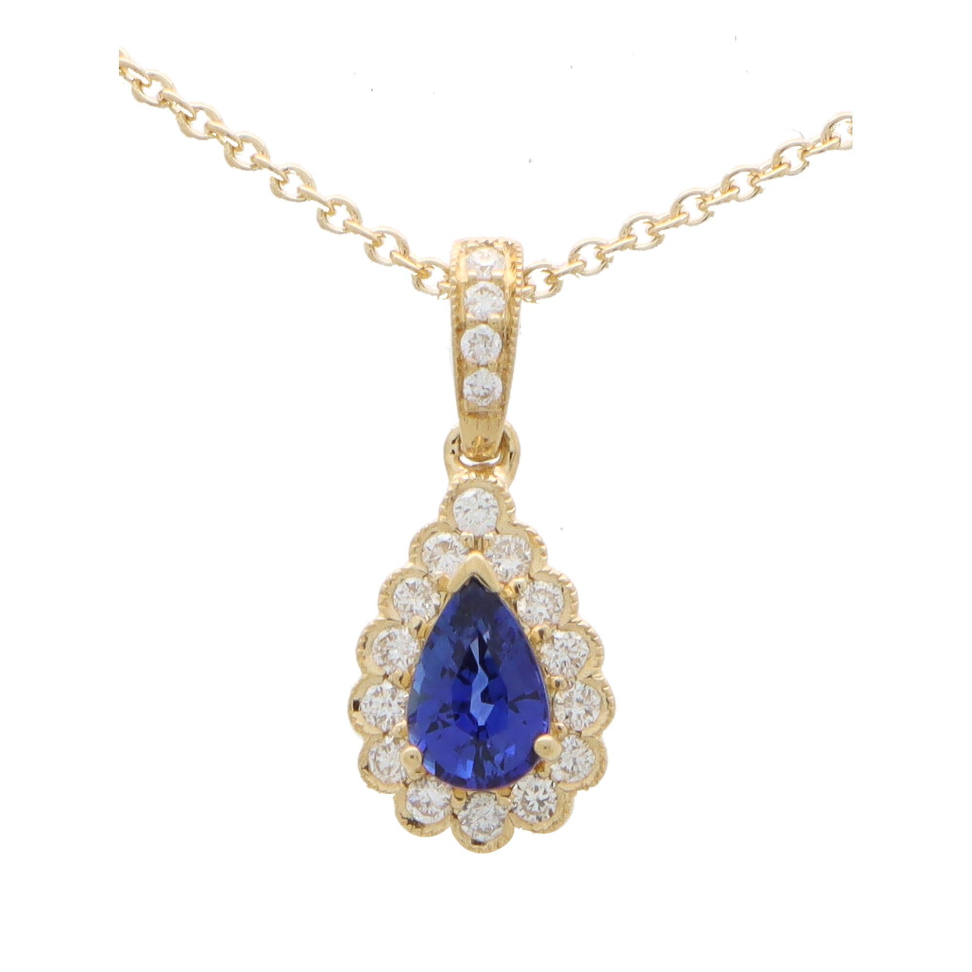 Modern Sapphire and Diamond Pear Shaped Pendant Necklace in 18k Yellow Gold