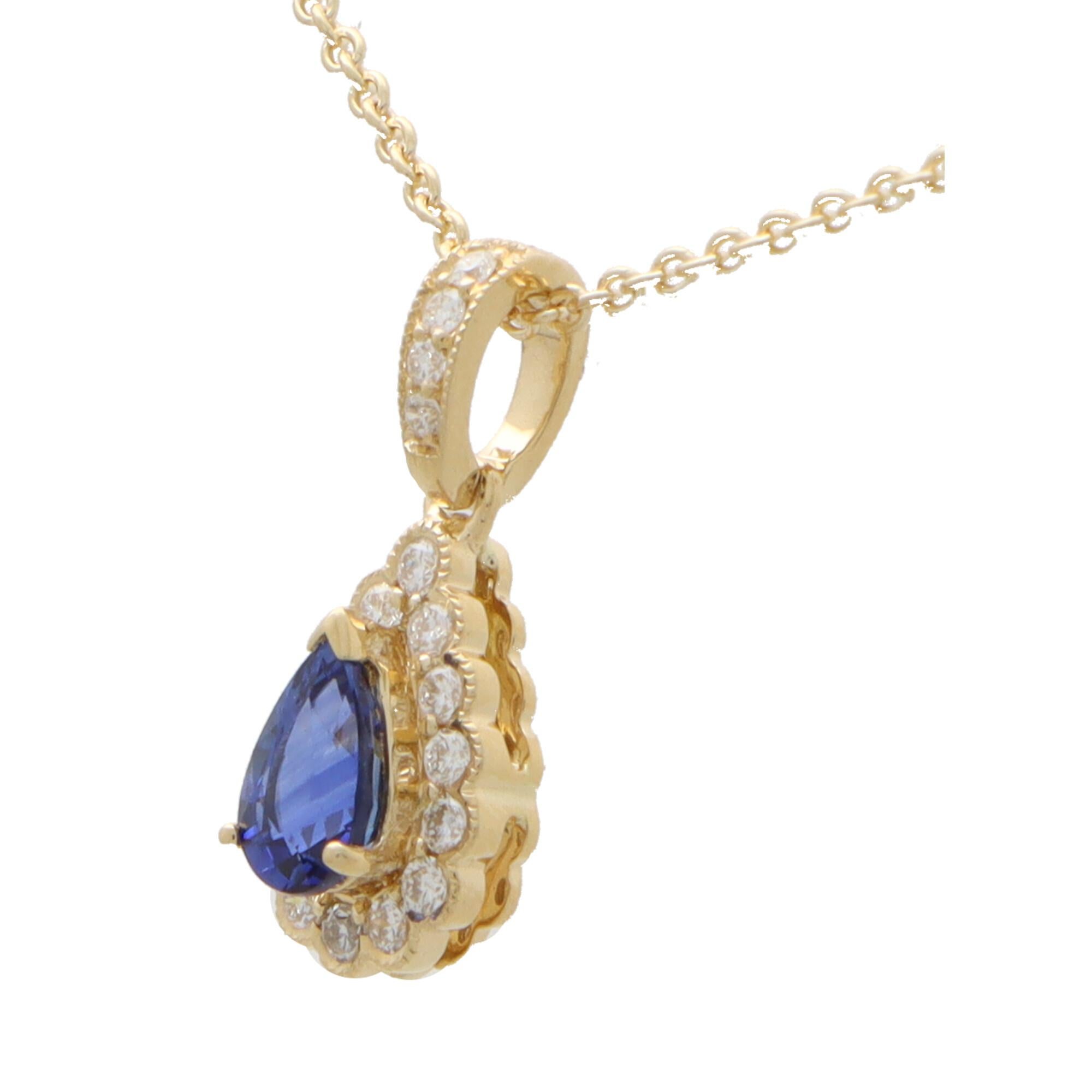 Pear Cut Sapphire and Diamond Pear Shaped Pendant Necklace in 18k Yellow Gold
