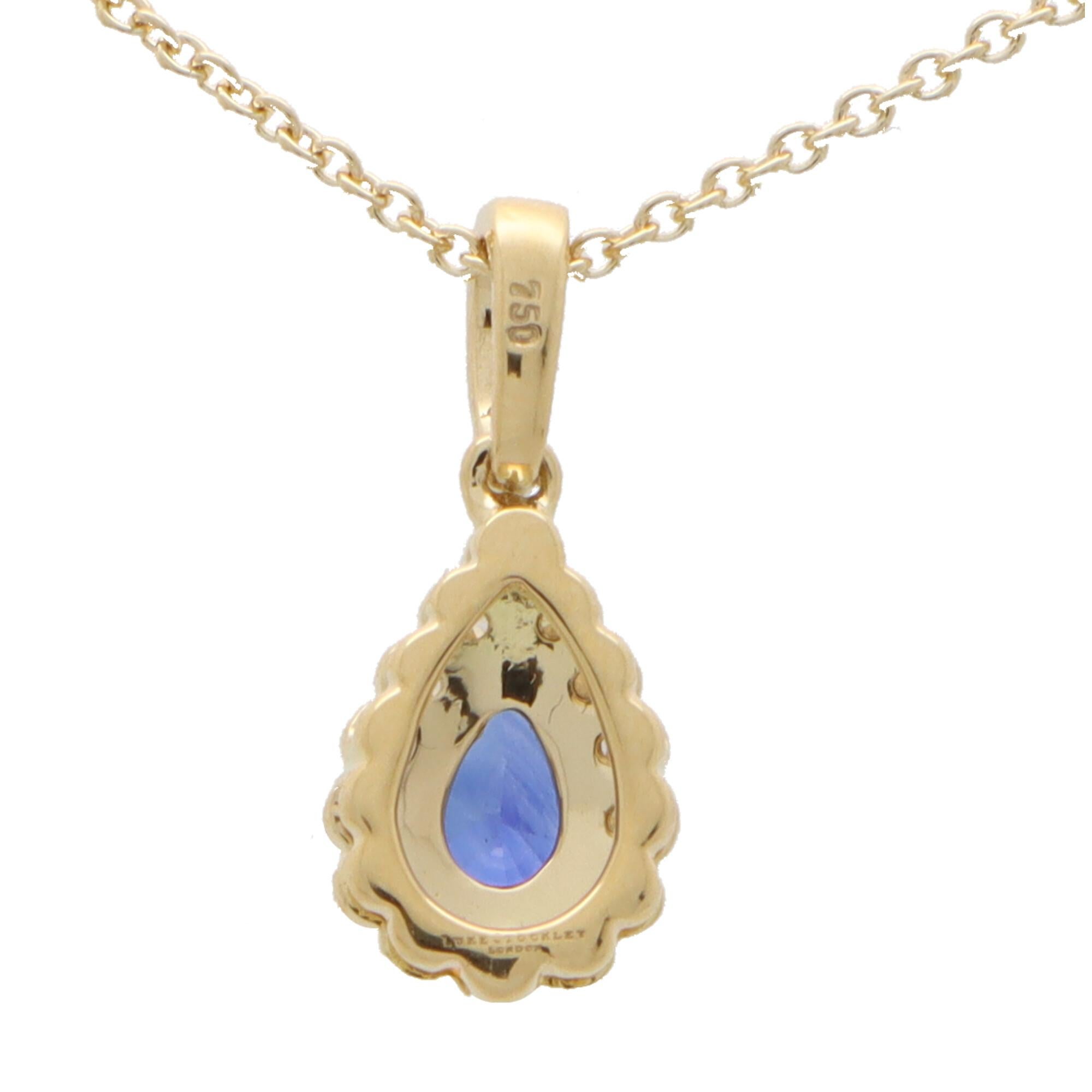 Sapphire and Diamond Pear Shaped Pendant Necklace in 18k Yellow Gold In Good Condition In London, GB