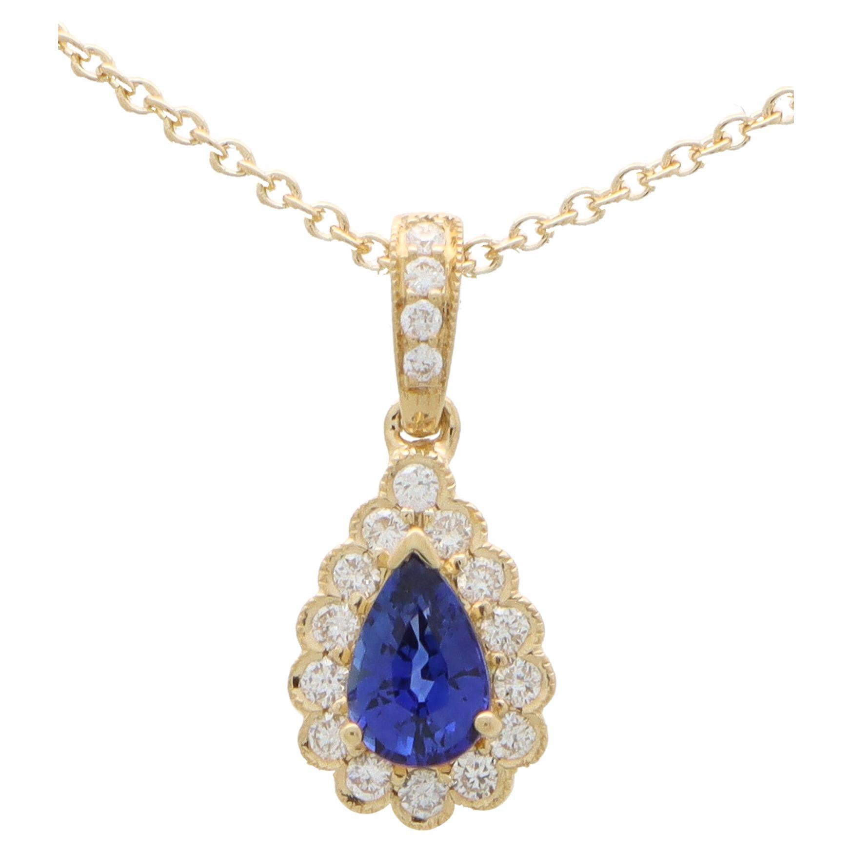 Sapphire and Diamond Pear Shaped Pendant Necklace in 18k Yellow Gold