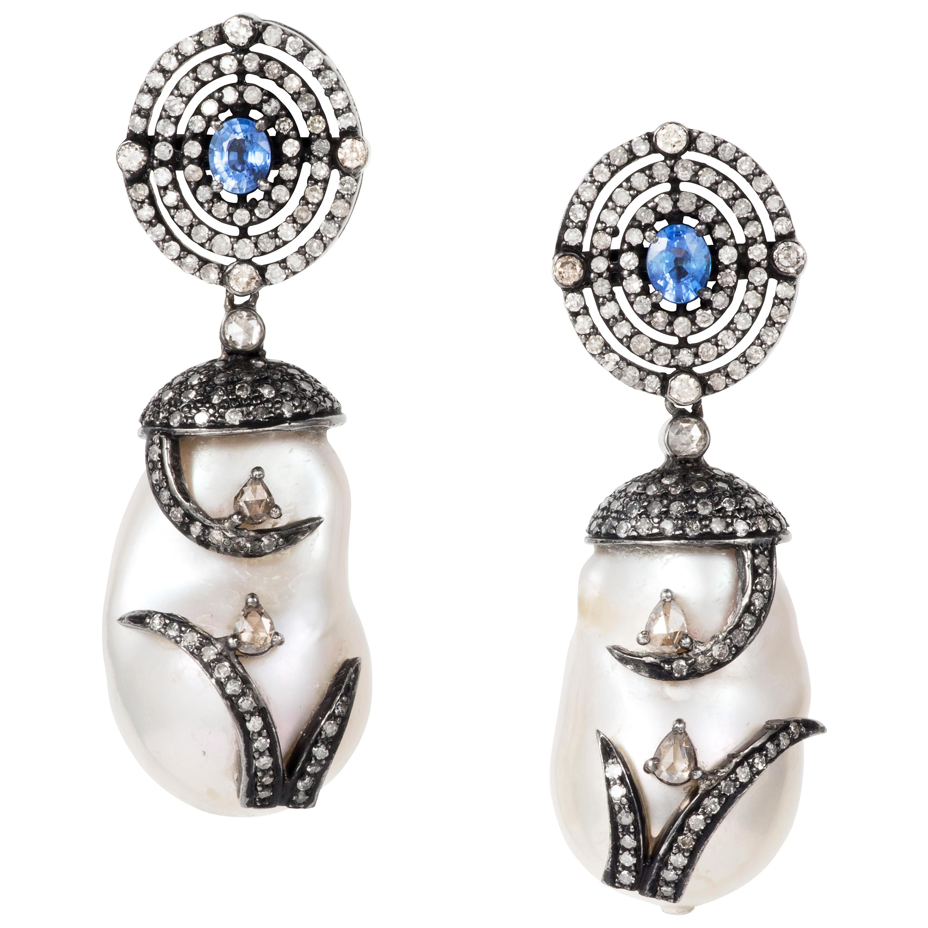 Manpriya B Blue Sapphire Diamond Pearl Leaf Drop Earrings For Sale
