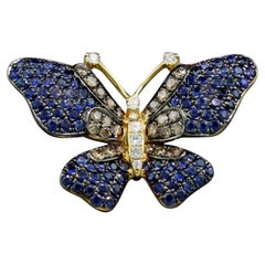 Sapphire and Diamond Pendant "Butterfly" 18Kt Yellow Gold also as brooch