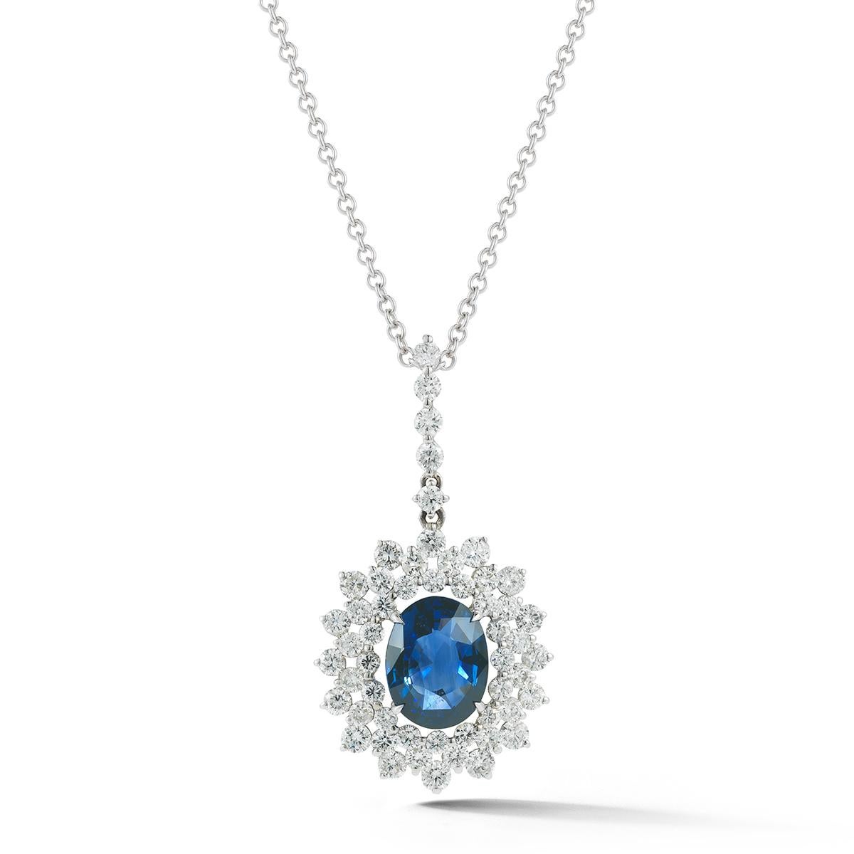 SAPPHIRE AND DIAMOND PENDANT
A classic oval sapphire pendant dangles from a delicate chain.
Item:	# 02677
Metal:	18k W
Color Weight:	3.15 ct.
Diamond Weight:	2.06 ct.