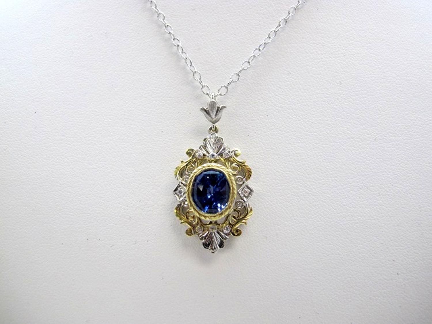 Feel like a royal in this regal pendant that shows your signature style! Ceylon Sapphire (9x8mm/2.29cts) is accented by eight brilliant cut Diamonds (0.16cts tw).

Handmade by our jewelers in Los Angeles.