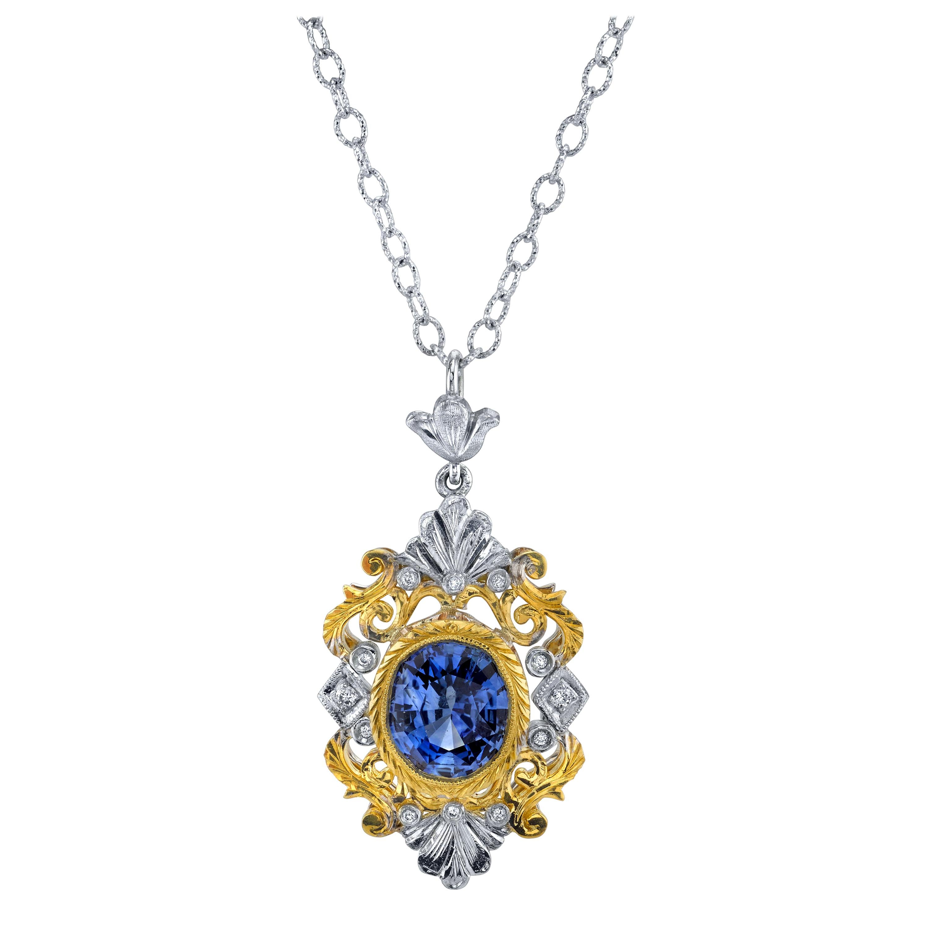 Cornflower Blue Sapphire and Diamond Victorian Style Necklace in 18k Yellow Gold