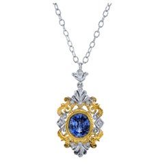 Cornflower Blue Ceylon Sapphire, Diamond, Yellow Gold Victorian Style Pendant 