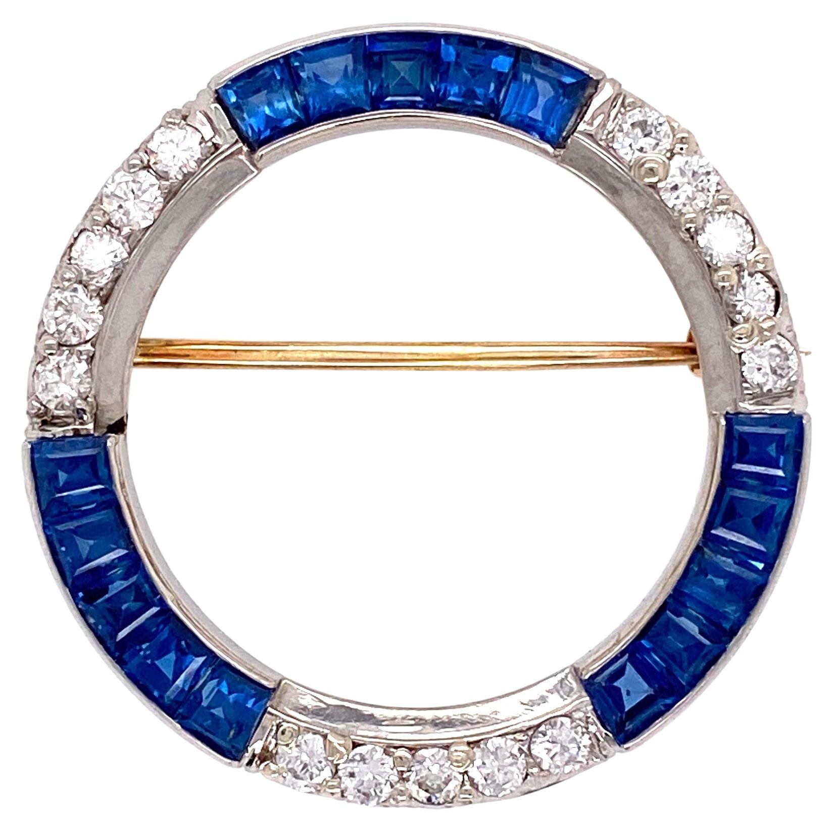 Sapphire and Diamond Platinum Art Deco Circle Brooch Pin Estate Fine Jewelry