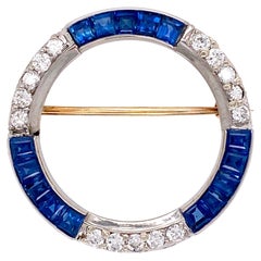 Sapphire and Diamond Platinum Art Deco Circle Brooch Pin Estate Fine Jewelry