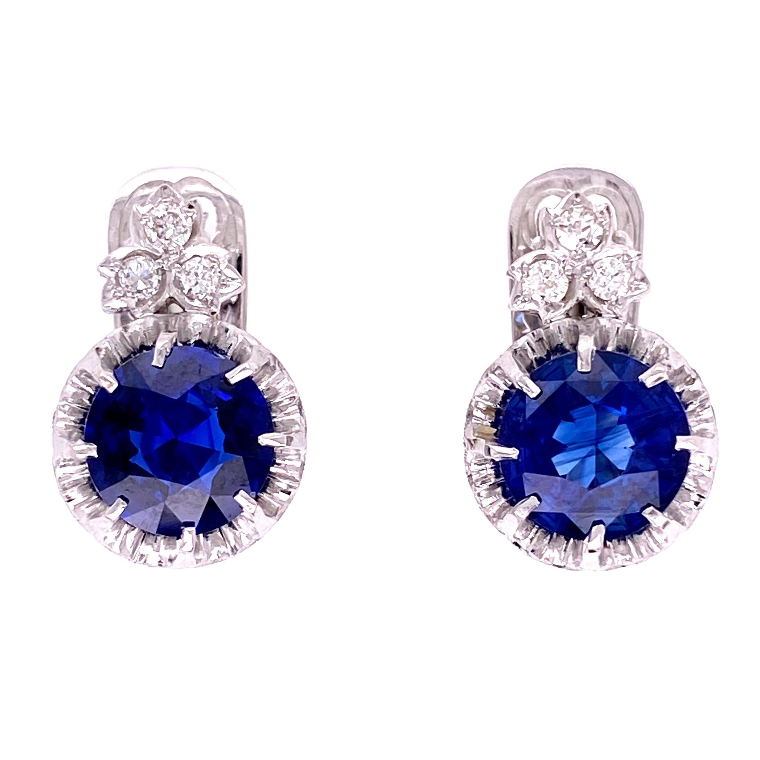 Round Cut Sapphire and Diamond Platinum Art Deco Revival Drop Earrings Estate Fine Jewelry For Sale