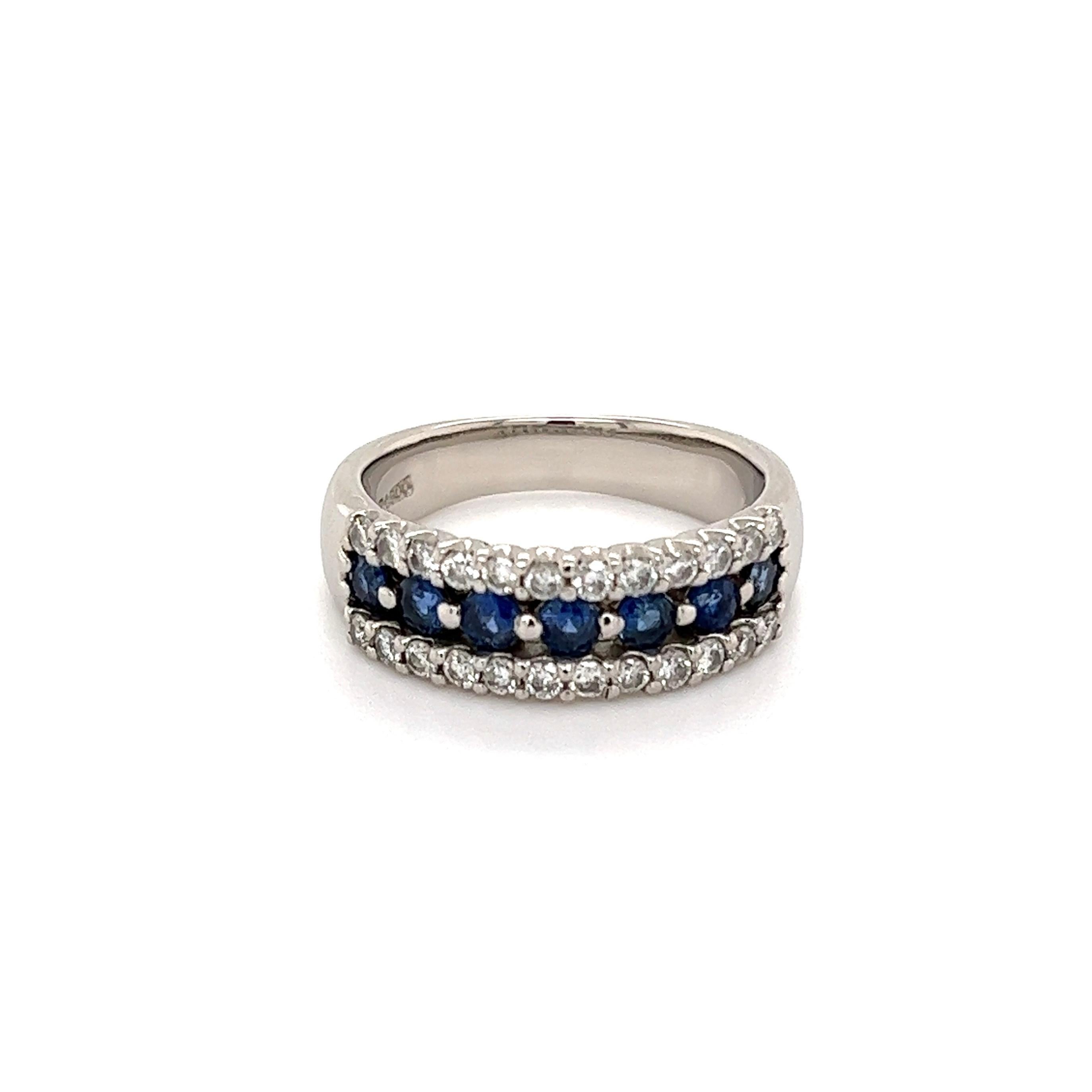 Round Cut Sapphire and Diamond Platinum Band Ring Estate Fine Jewelry For Sale