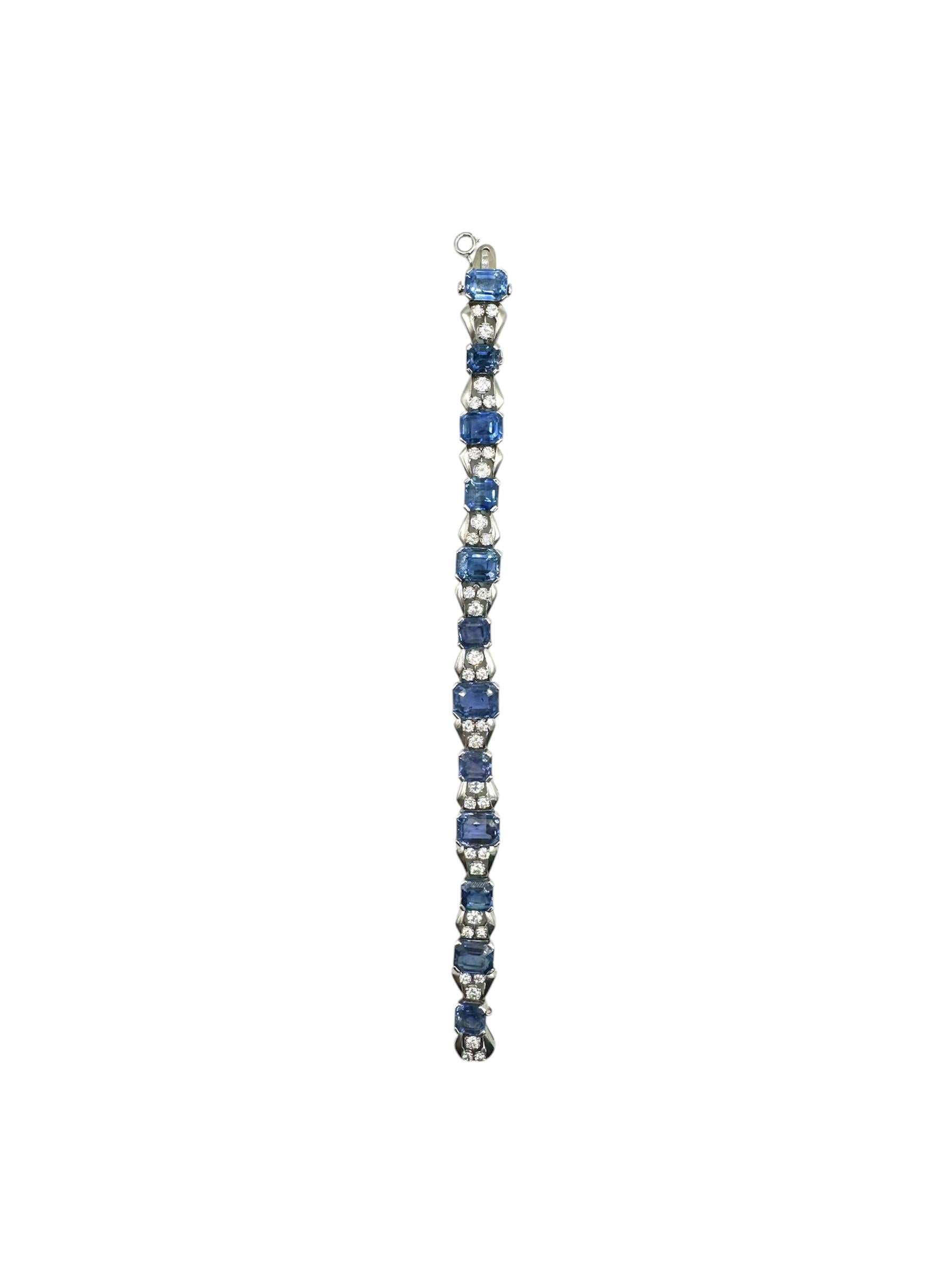 Square Cut Sapphire and Diamond Platinum Bracelet By Oscar Heyman and Brothers For Sale