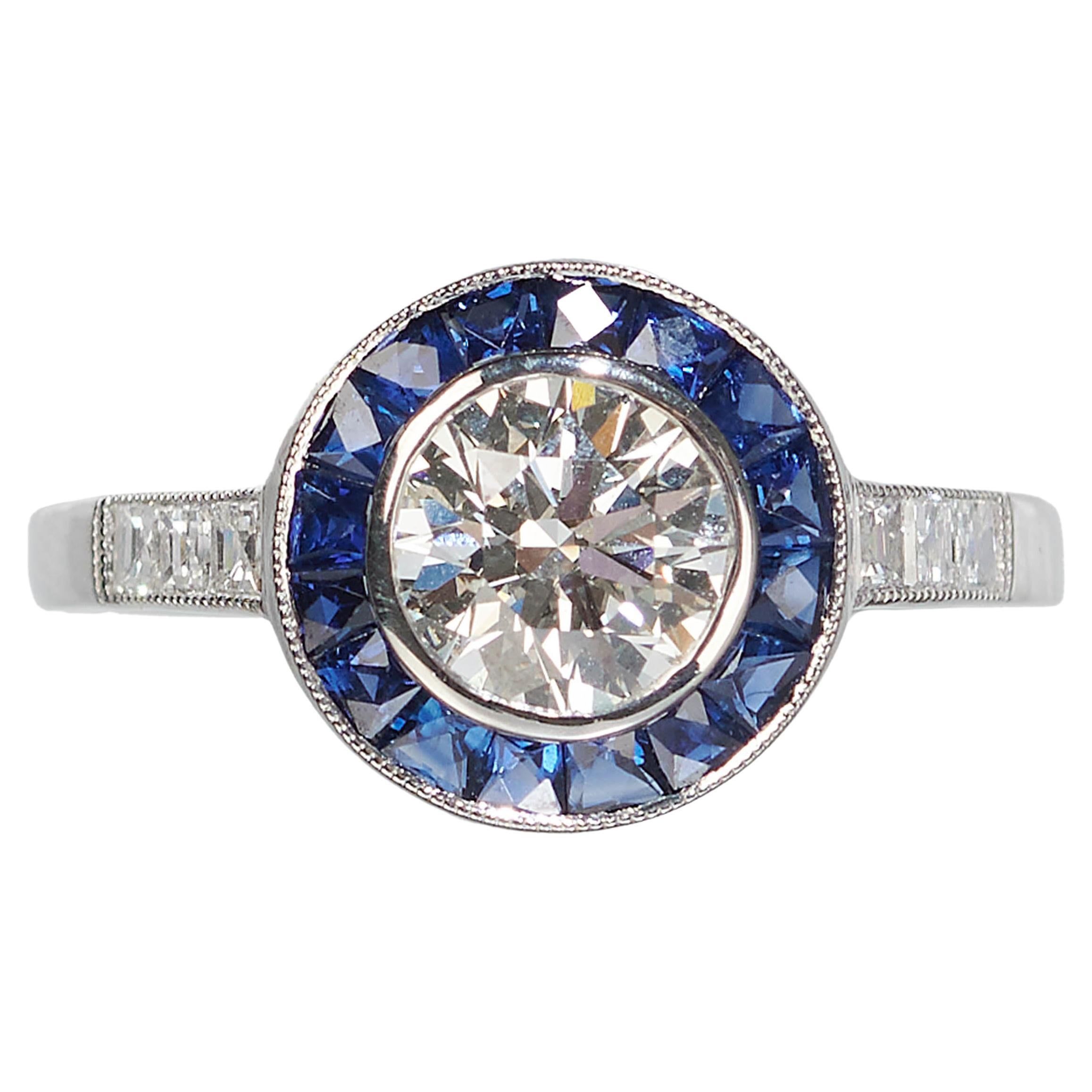 Sapphire and Diamond Platinum Cluster Ring, 1.00 Carat For Sale