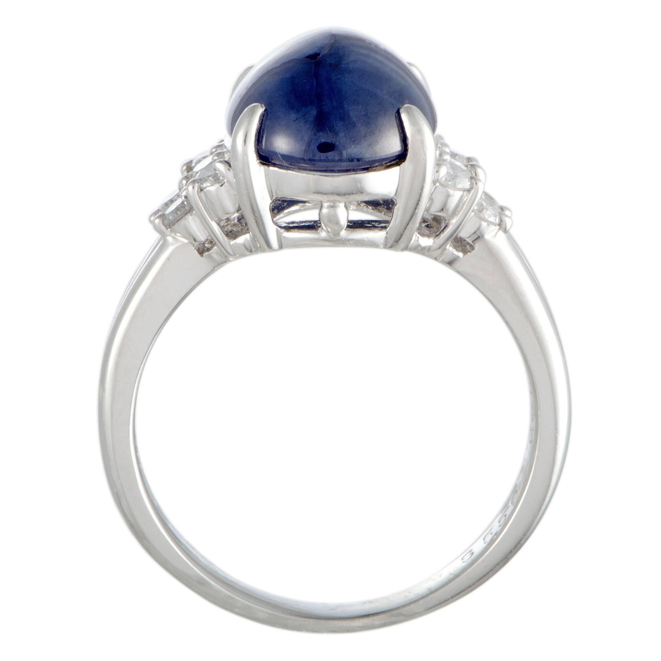 Splendidly crafted from prestigious platinum, this fabulous ring exudes elegance and refinement. The ring is set with 0.27 carats of diamonds that accentuate an eye-catching sapphire weighing 5.59 carats.
Ring Top Dimensions: 12mm x 15mm
Band: