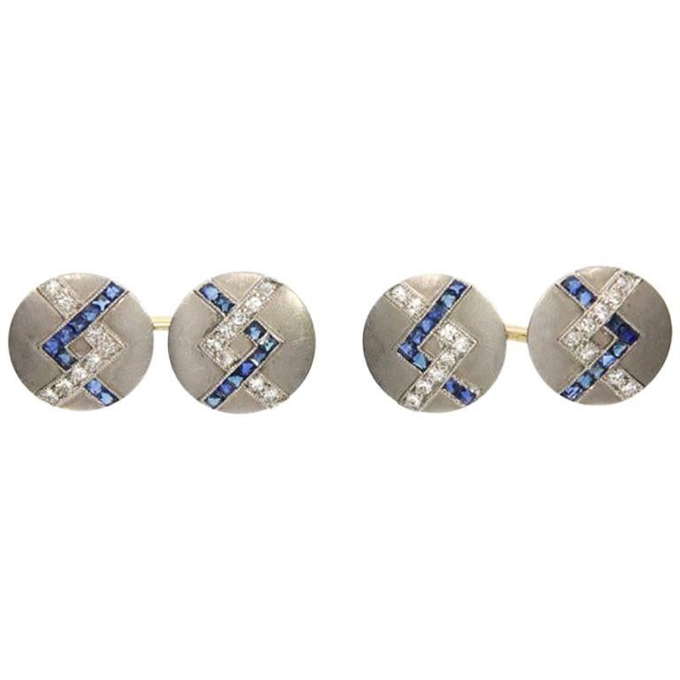 Sapphire and Diamond Platinum Cufflinks, circa 1930 For Sale